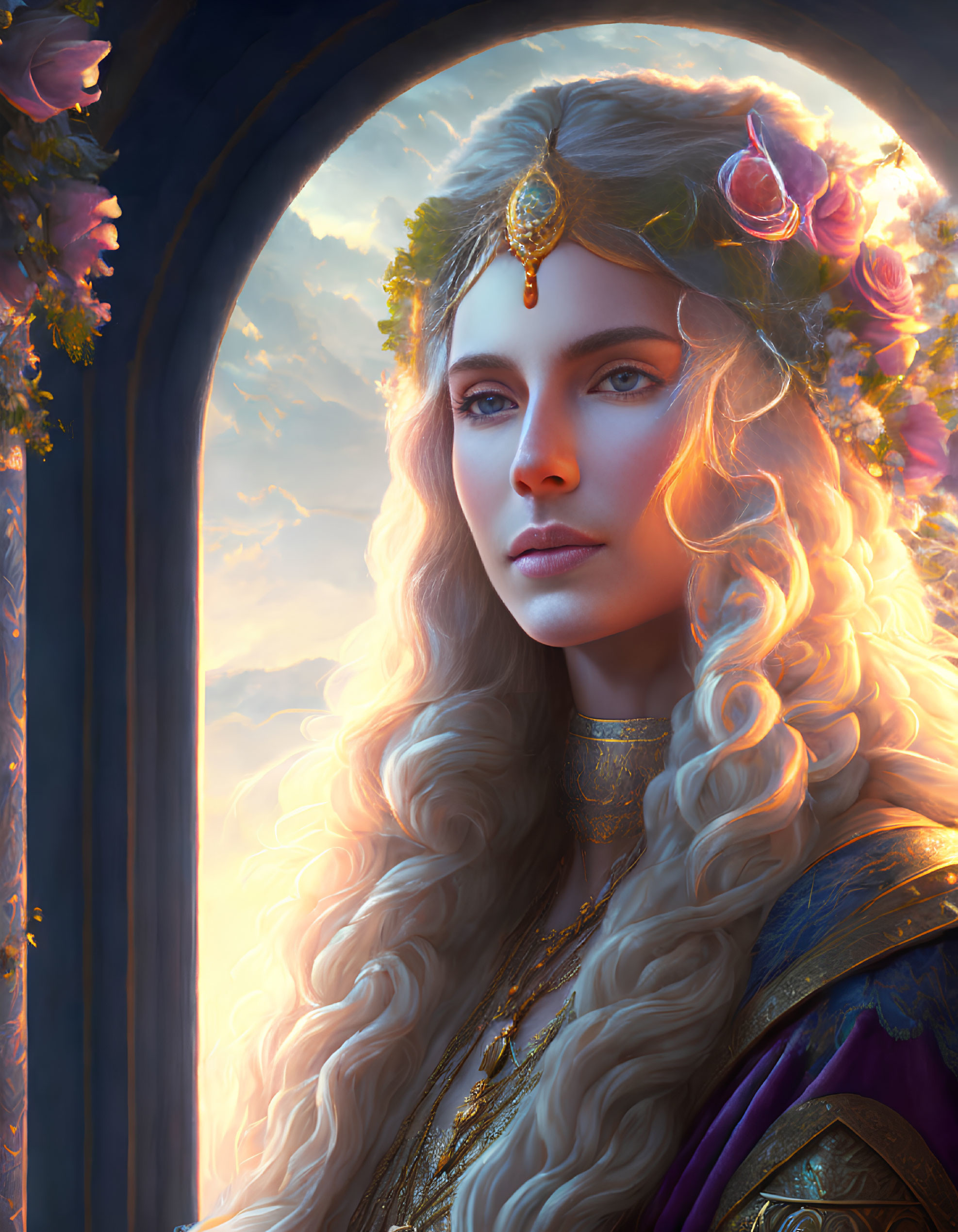 Ethereal woman with golden hair and regal crown in ornate robes