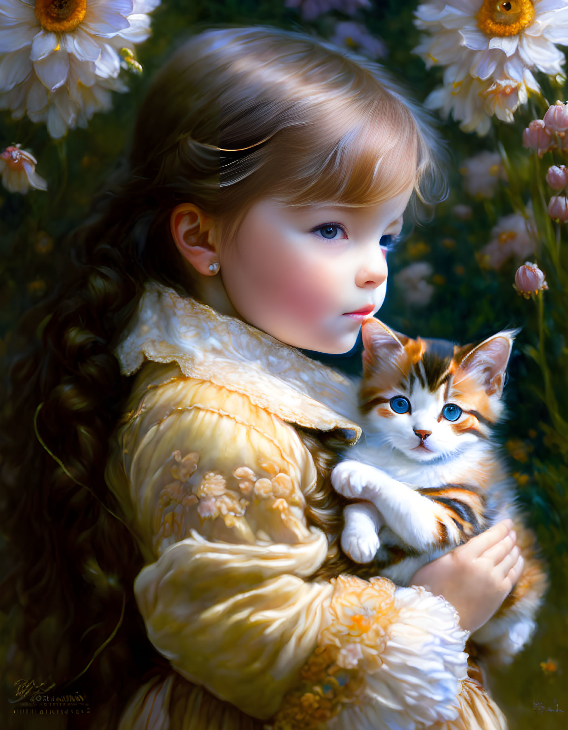 Young girl holding orange and white kitten in yellow dress among white flowers