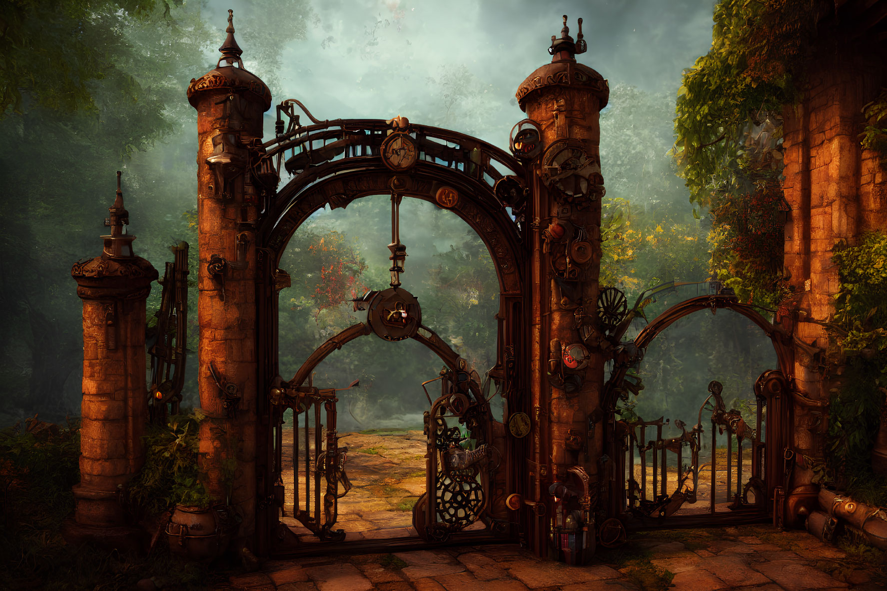 Metal gate with stone pillars in lush forest setting