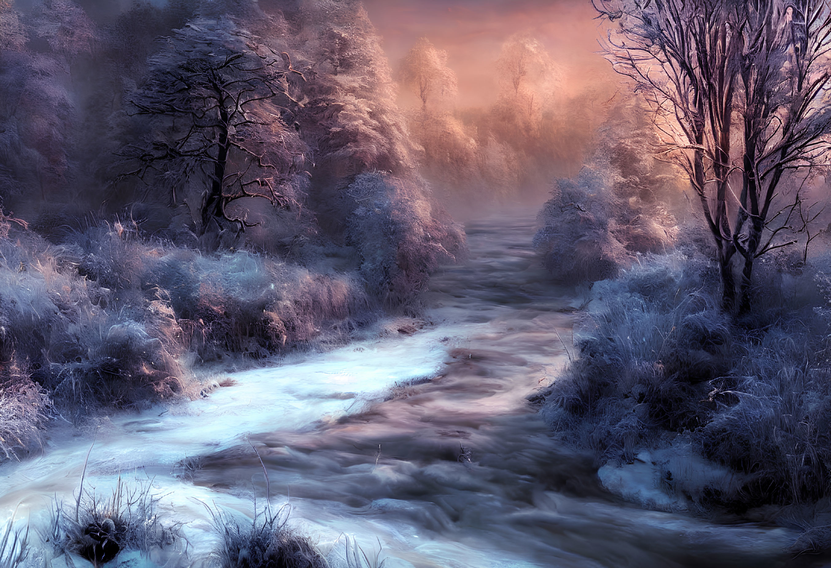 Surreal winter landscape: flowing river, snow-covered grounds, frost-laden trees