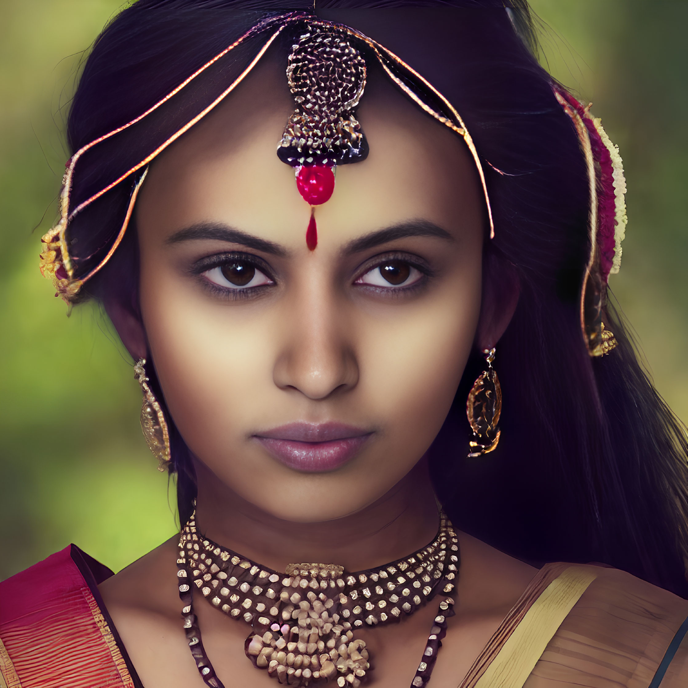 Traditional Indian jewelry on woman with maang tikka, earrings, necklace, red bindi, and