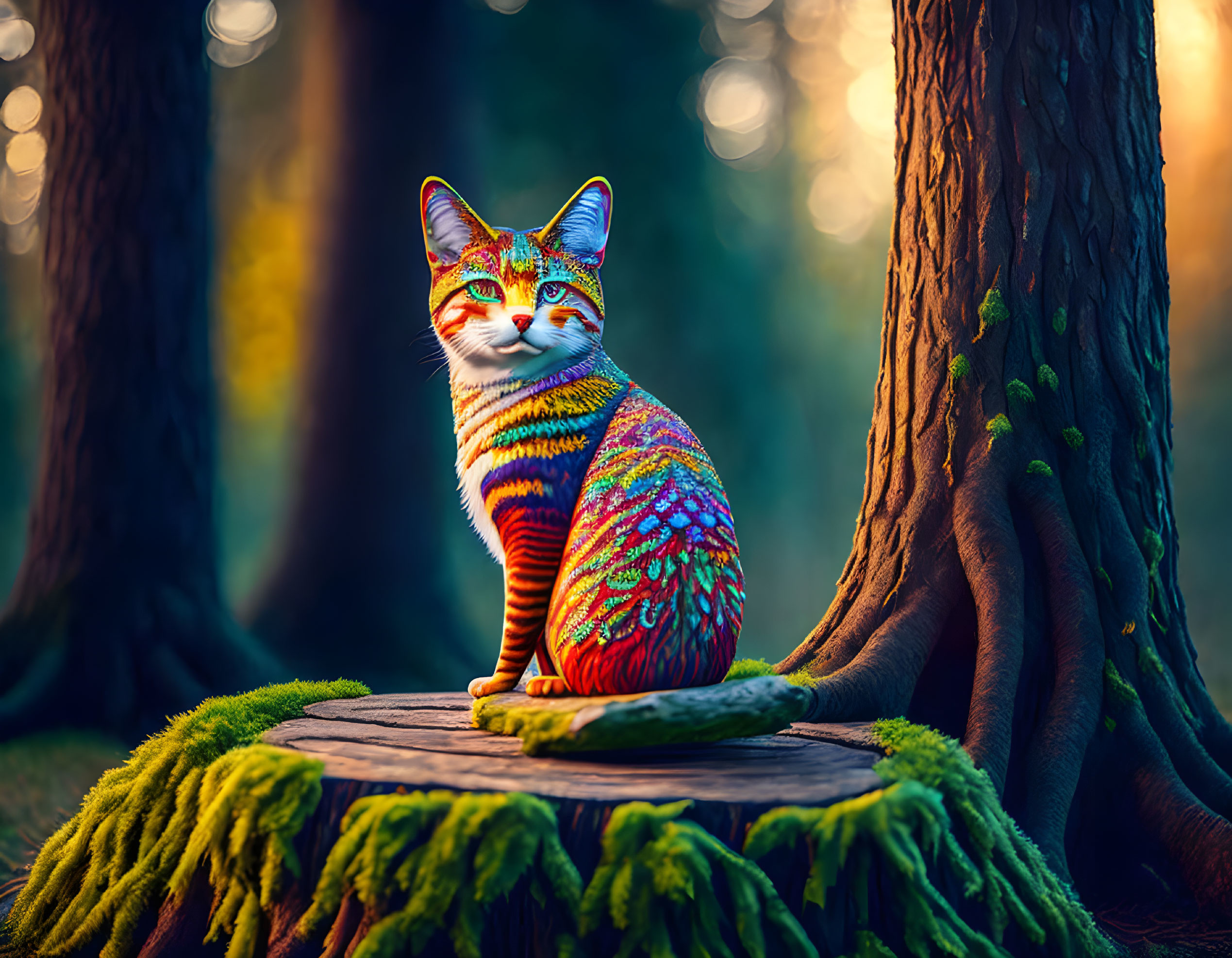 Colorful Patterned Cat Resting on Mossy Stump in Sunlit Forest
