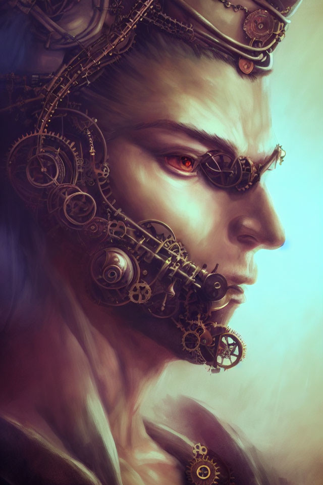 Portrait of a person with steampunk-style mechanical enhancements on face