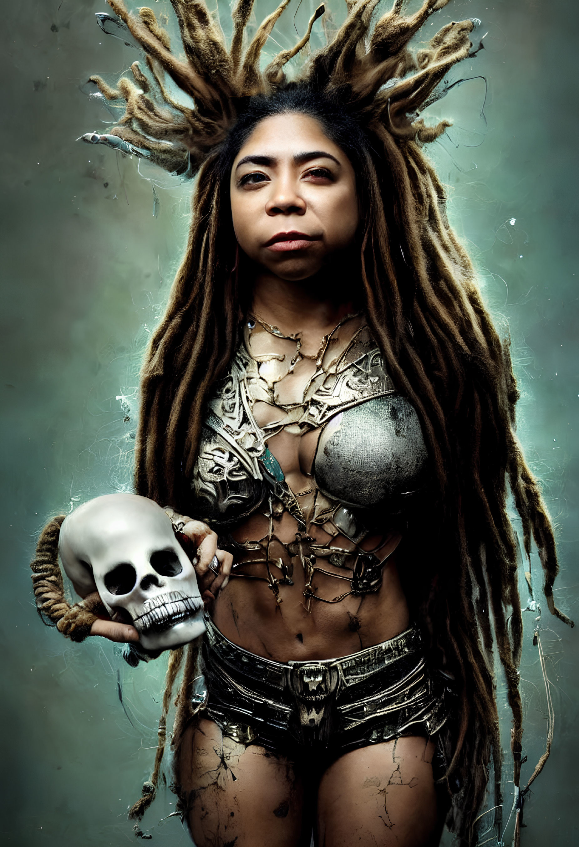Person with dreadlocks in skull-themed fantasy costume holding a skull on textured backdrop