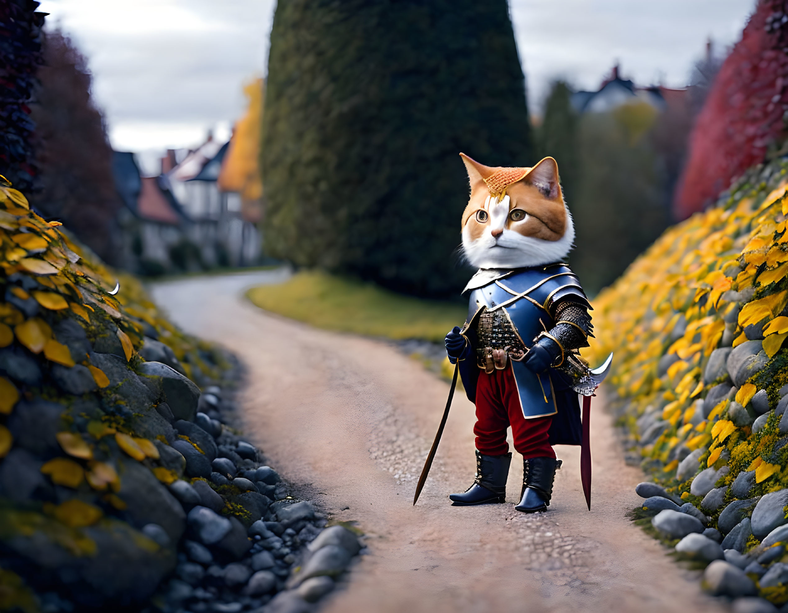 Cat in medieval armor with sword on cobblestone path lined with autumn leaves