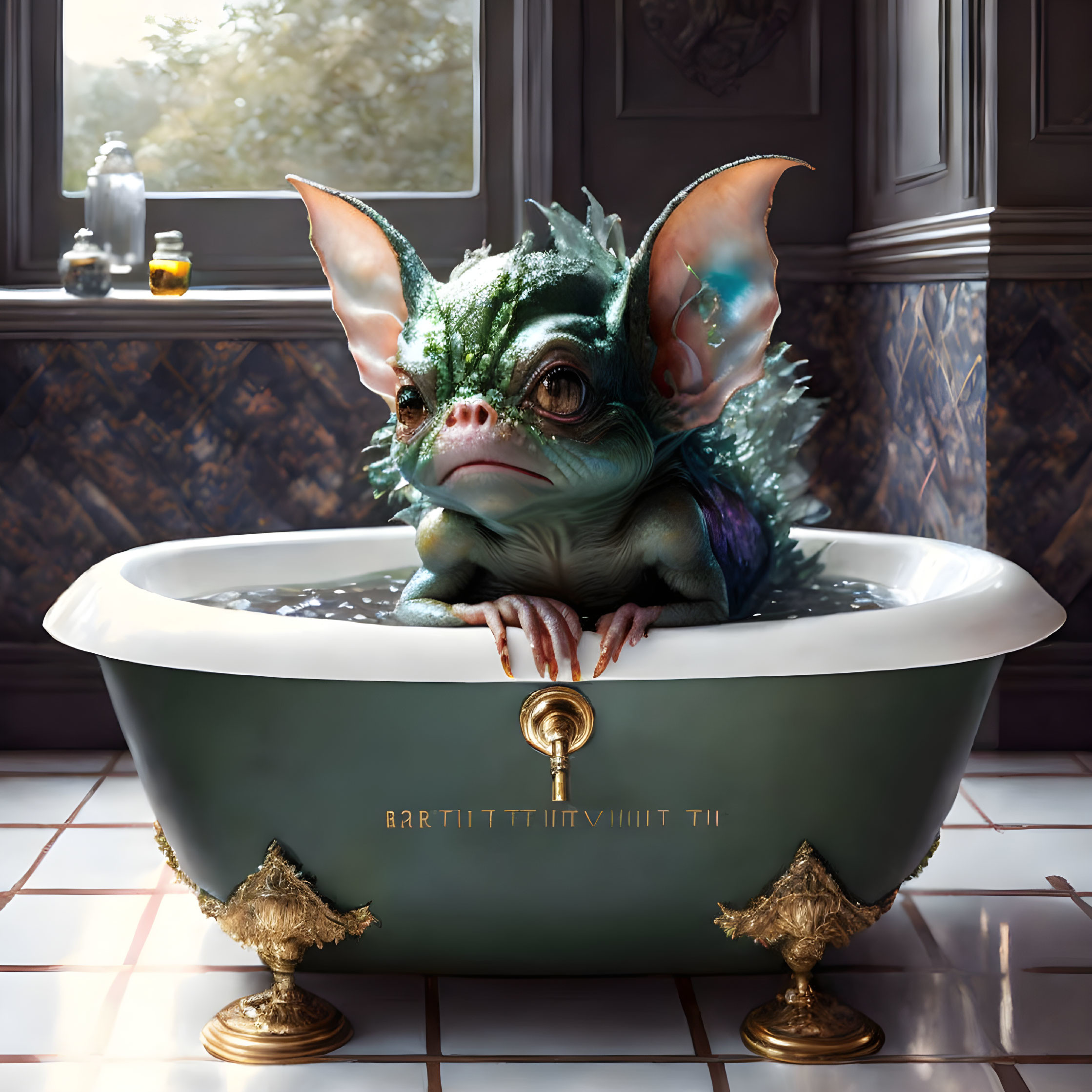 A portrait of a gremlin sits in a bathtub