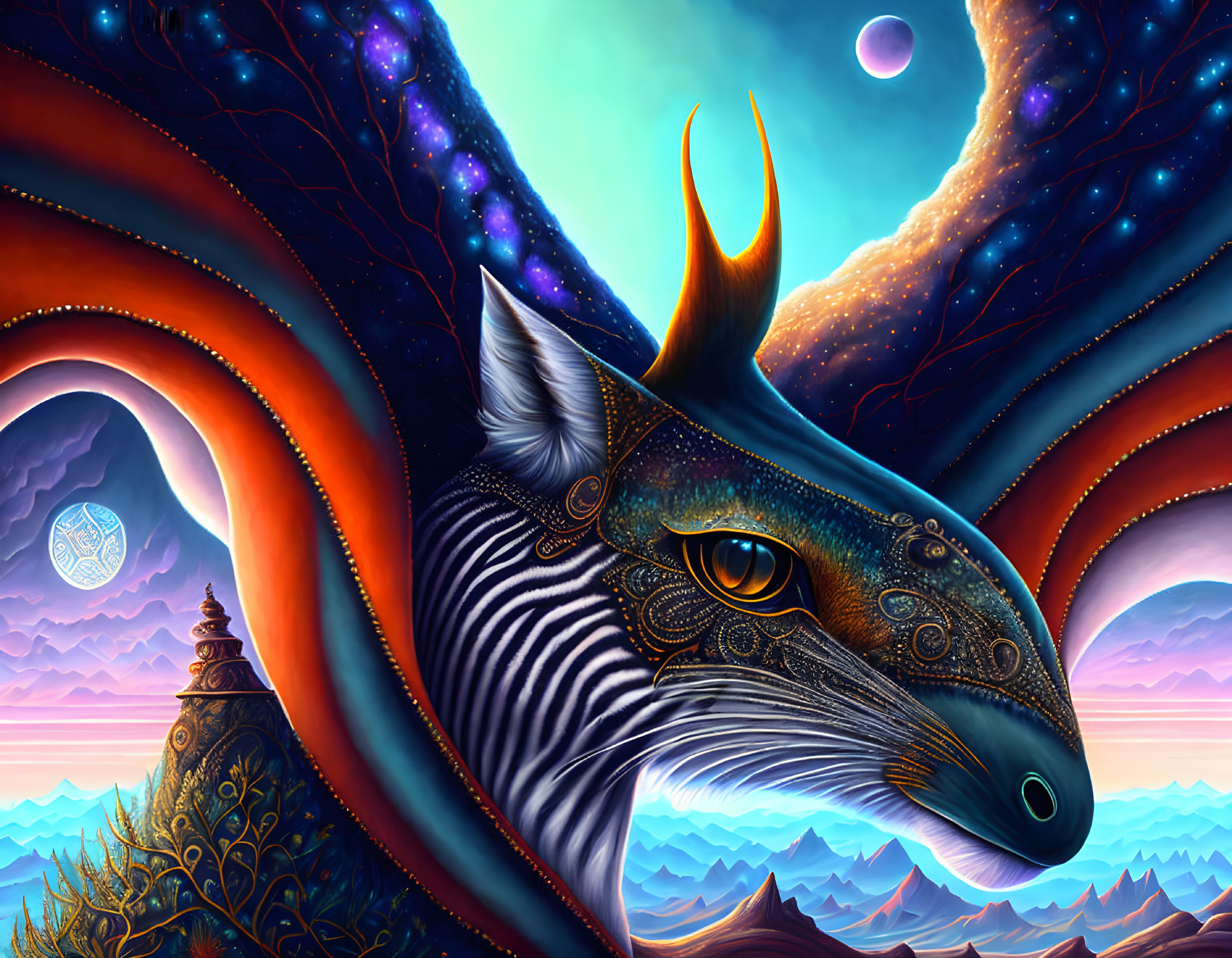 Colorful Fantasy Dragon-Like Creature with Ornate Horns and Intricate Markings against Mountainous
