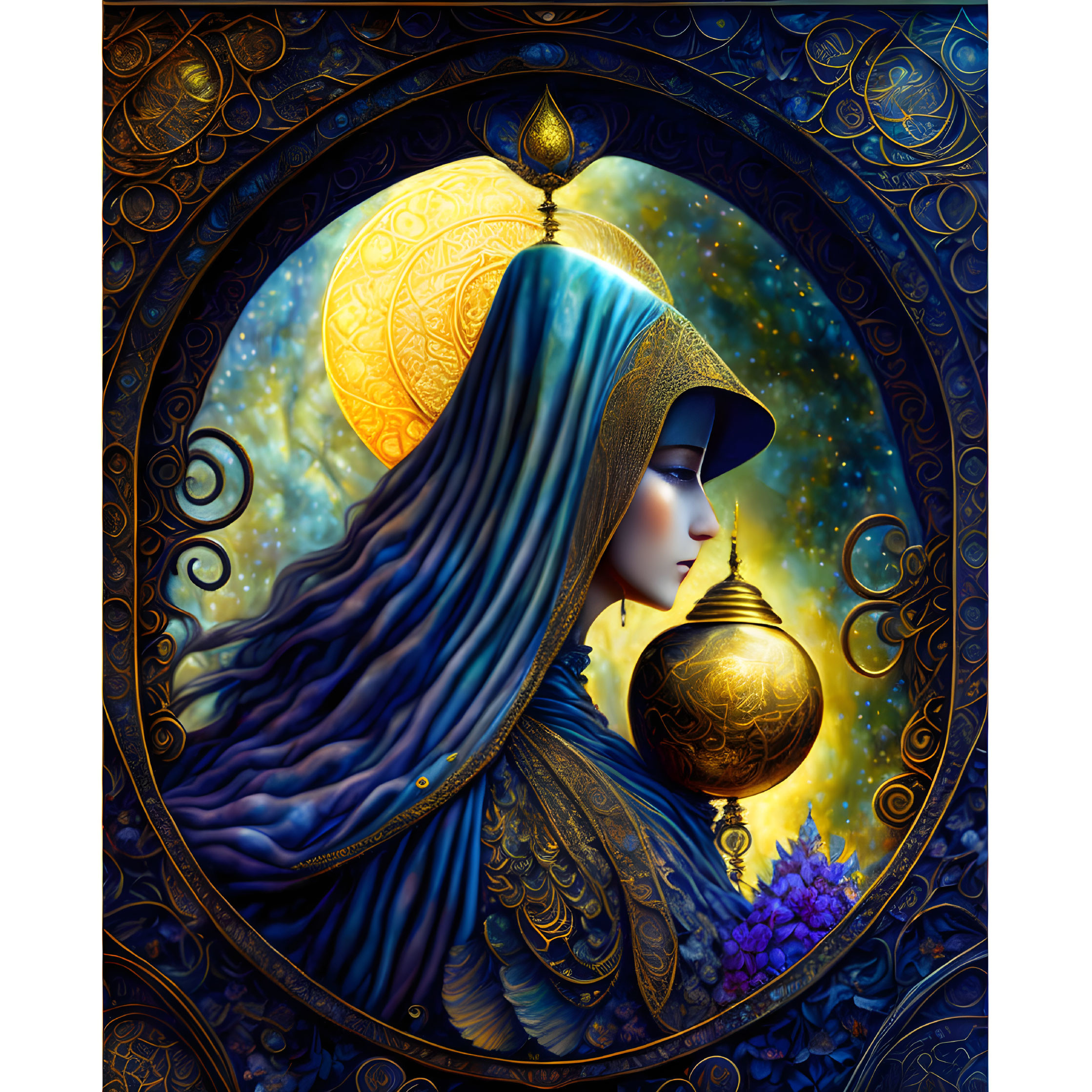 Mystical woman with lantern in starry blue cloak and full moon.