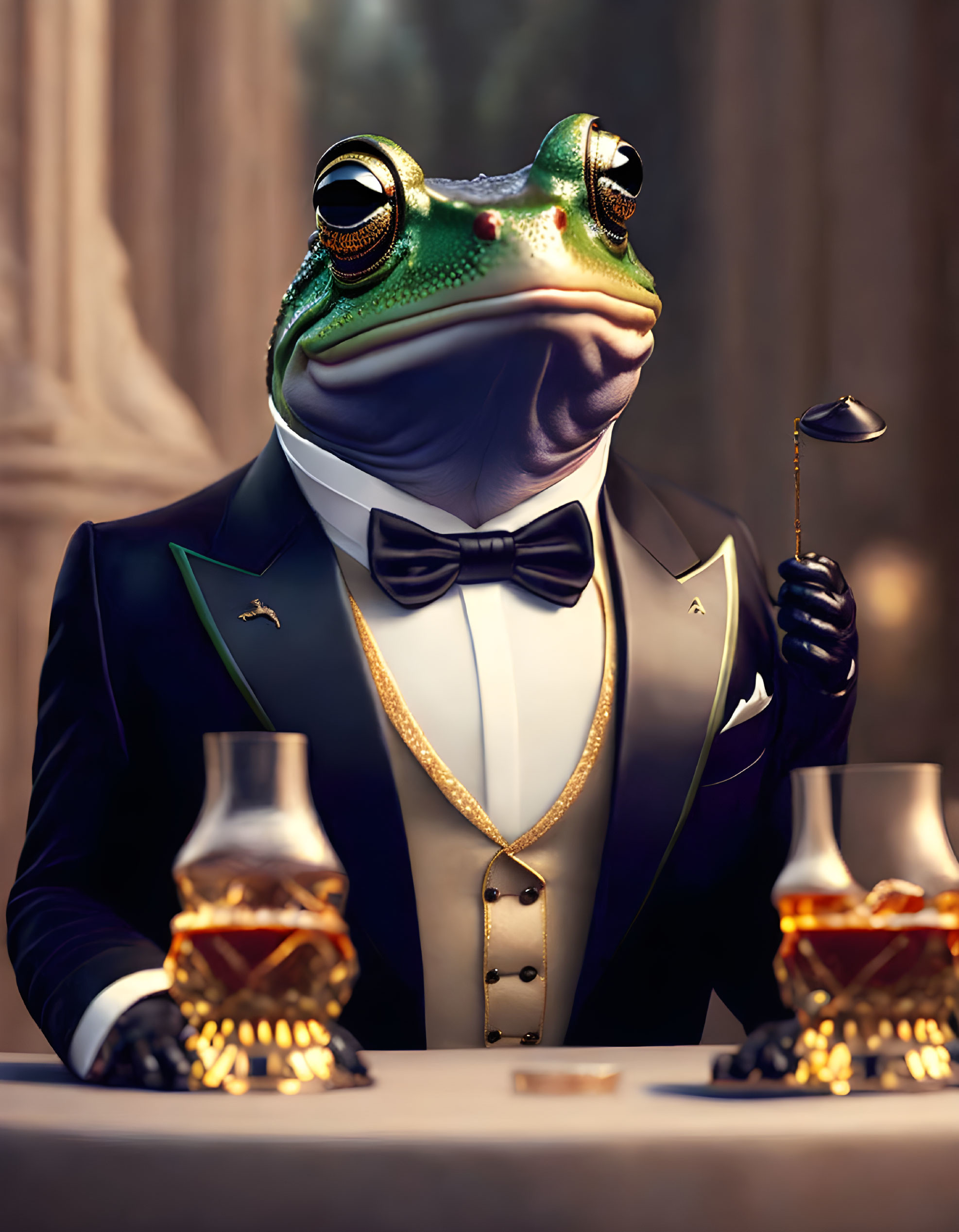 Anthropomorphic frog in tuxedo with monocle and cane at whiskey table