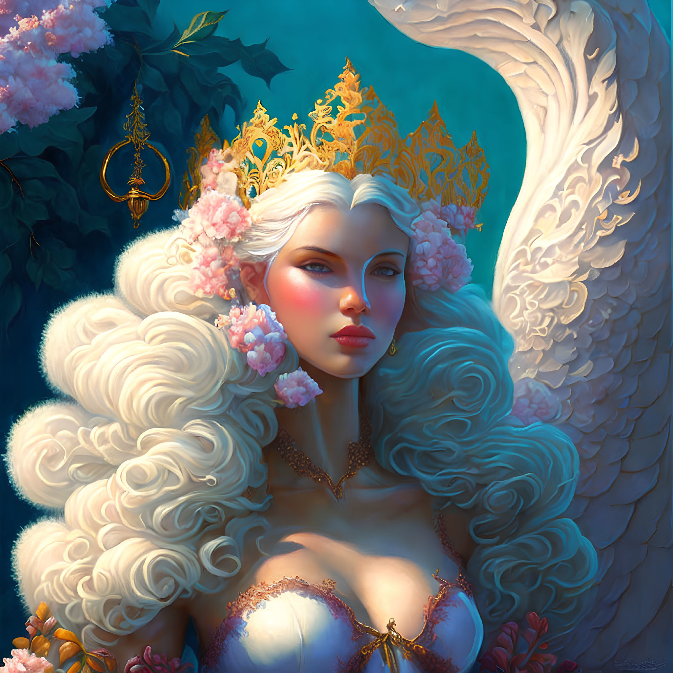 Regal woman with golden crown, surrounded by lush flowers and majestic white swan