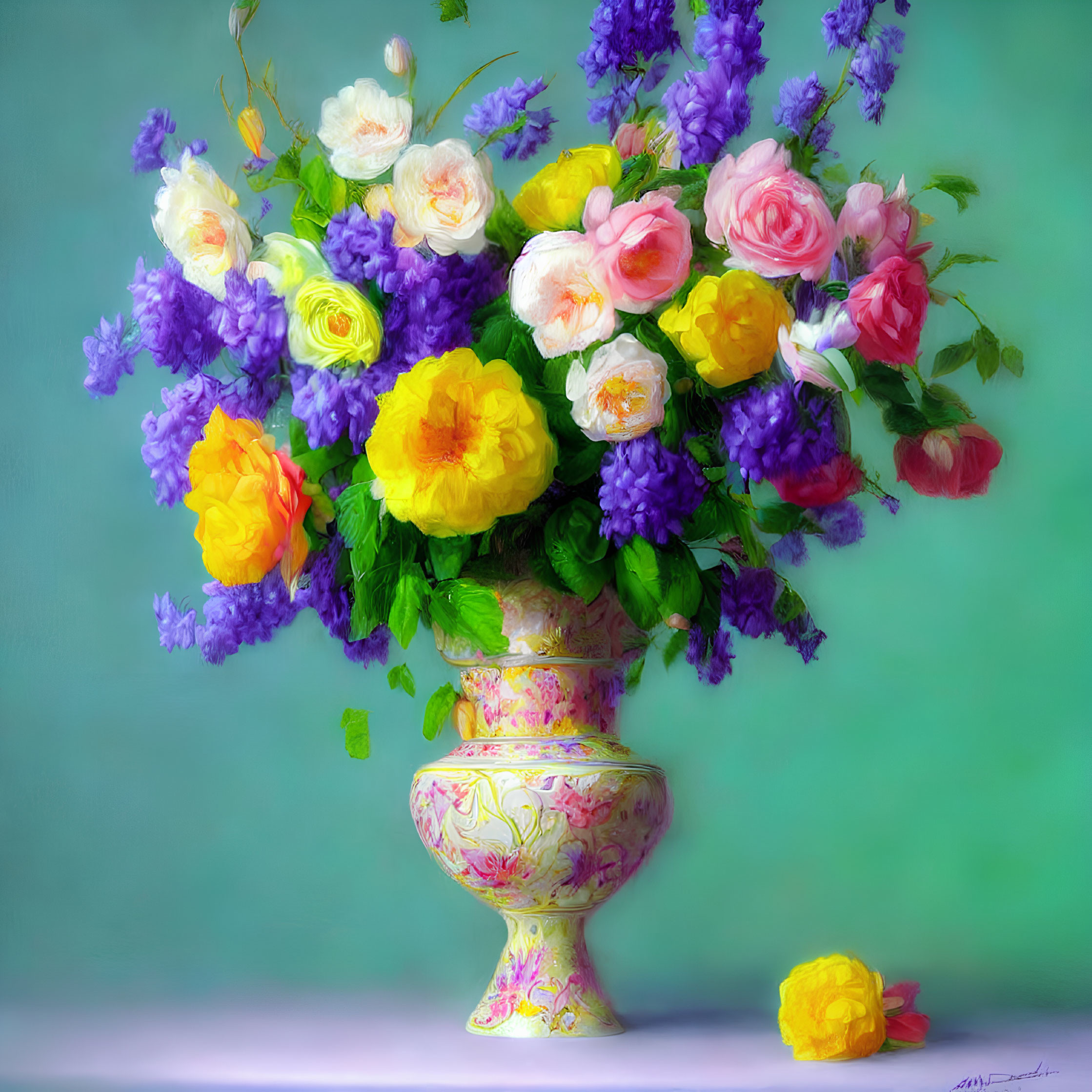 Colorful Flower Bouquet in Ornate Vase on Green Background