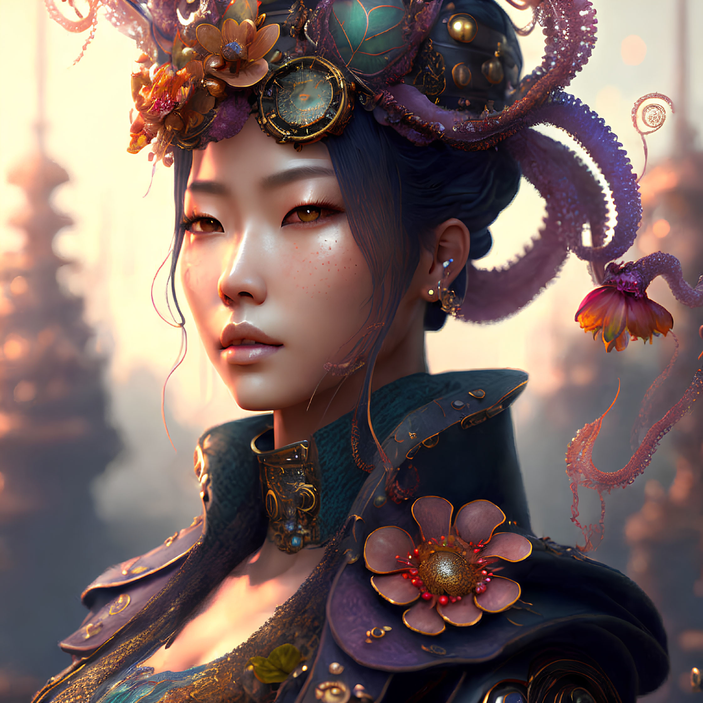 Digital artwork: Woman with steampunk headpiece & flowers on blurred background