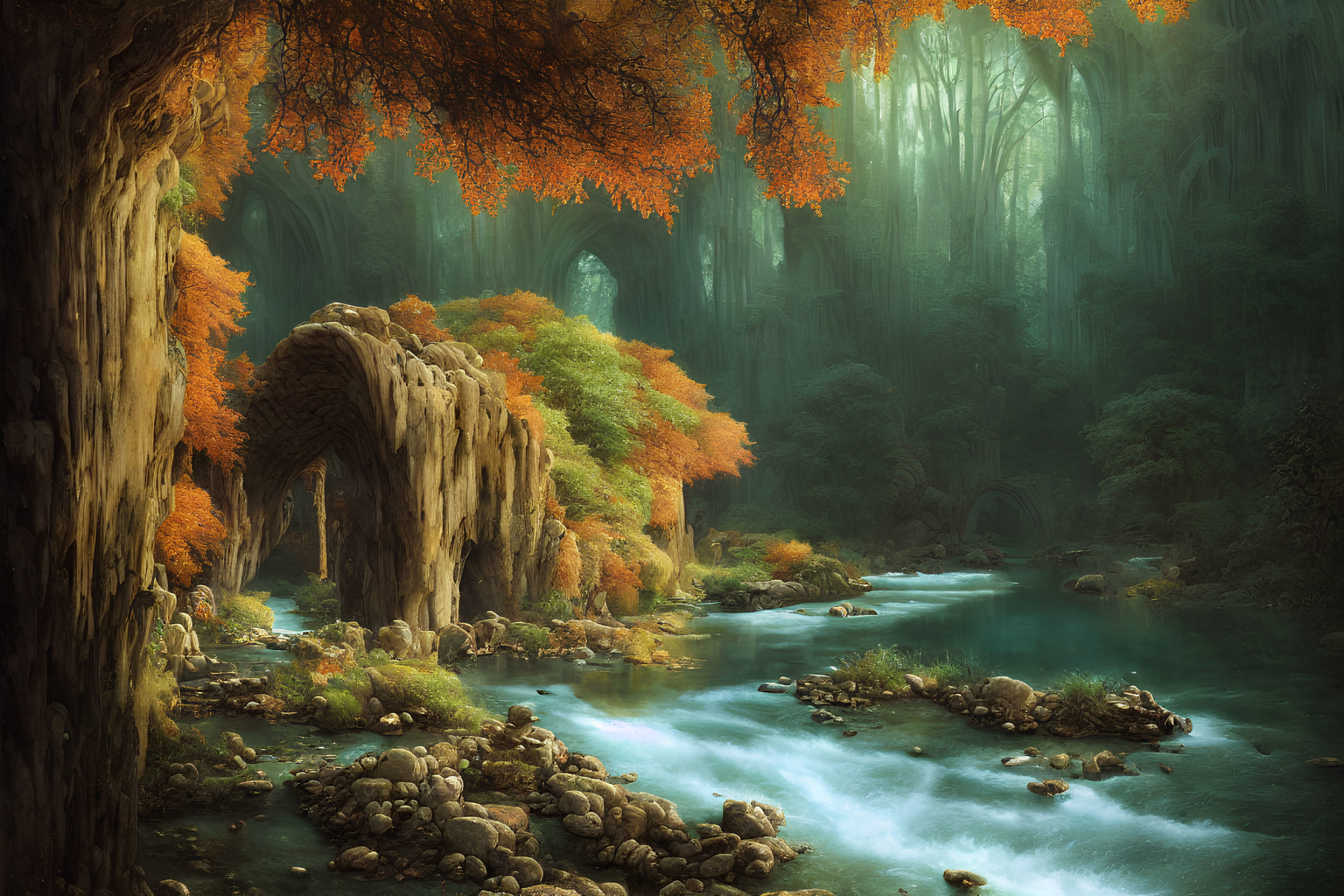 Tranquil forest scene with stone arch bridge over blue river