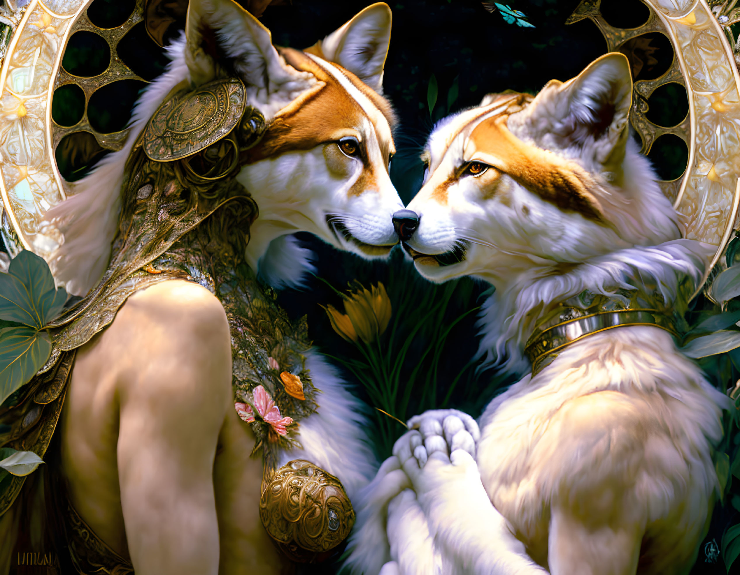 Anthropomorphic foxes in elaborate costumes with ornate gold backdrop