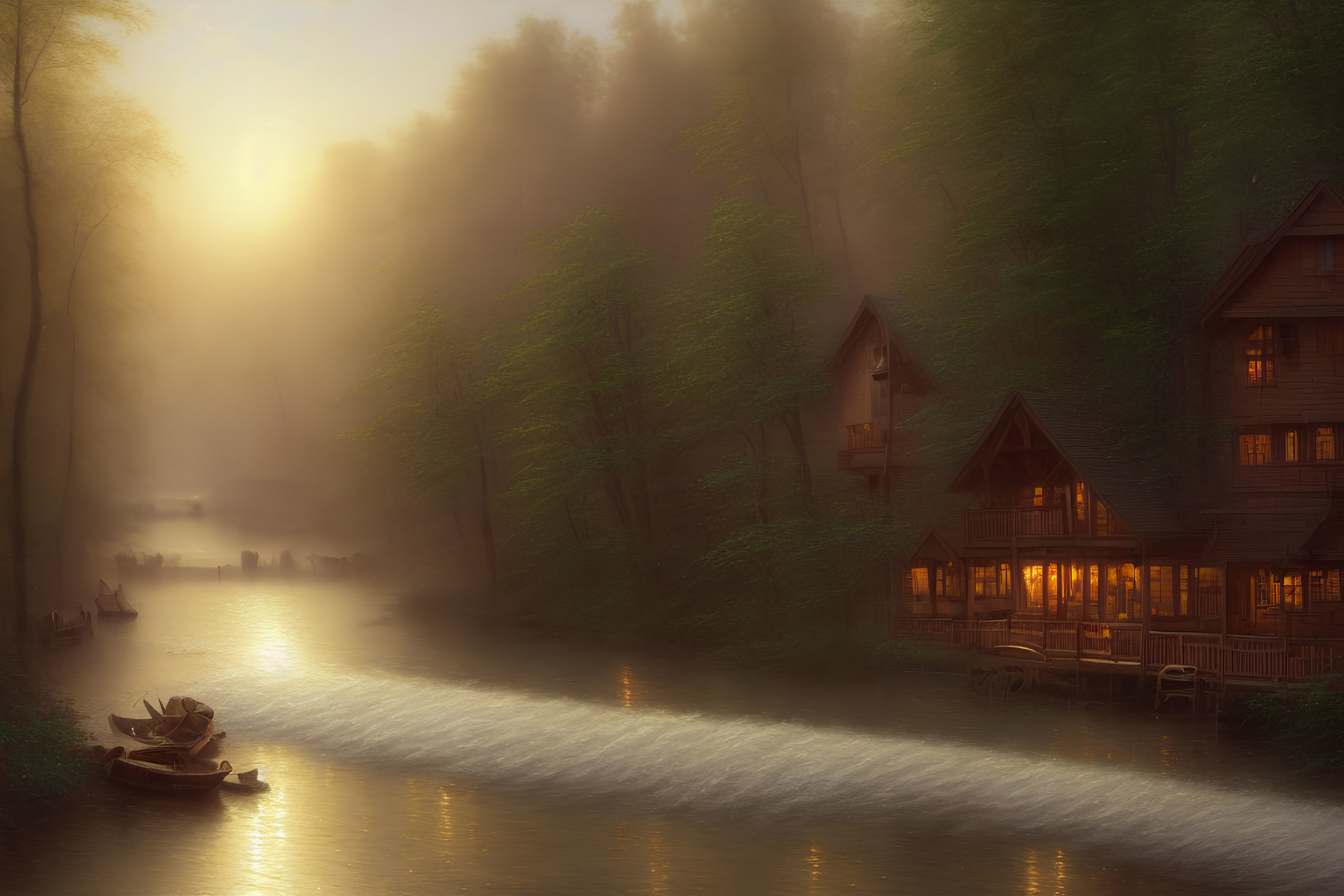 Tranquil river scene at dusk with wooden houses, boat, and misty golden glow