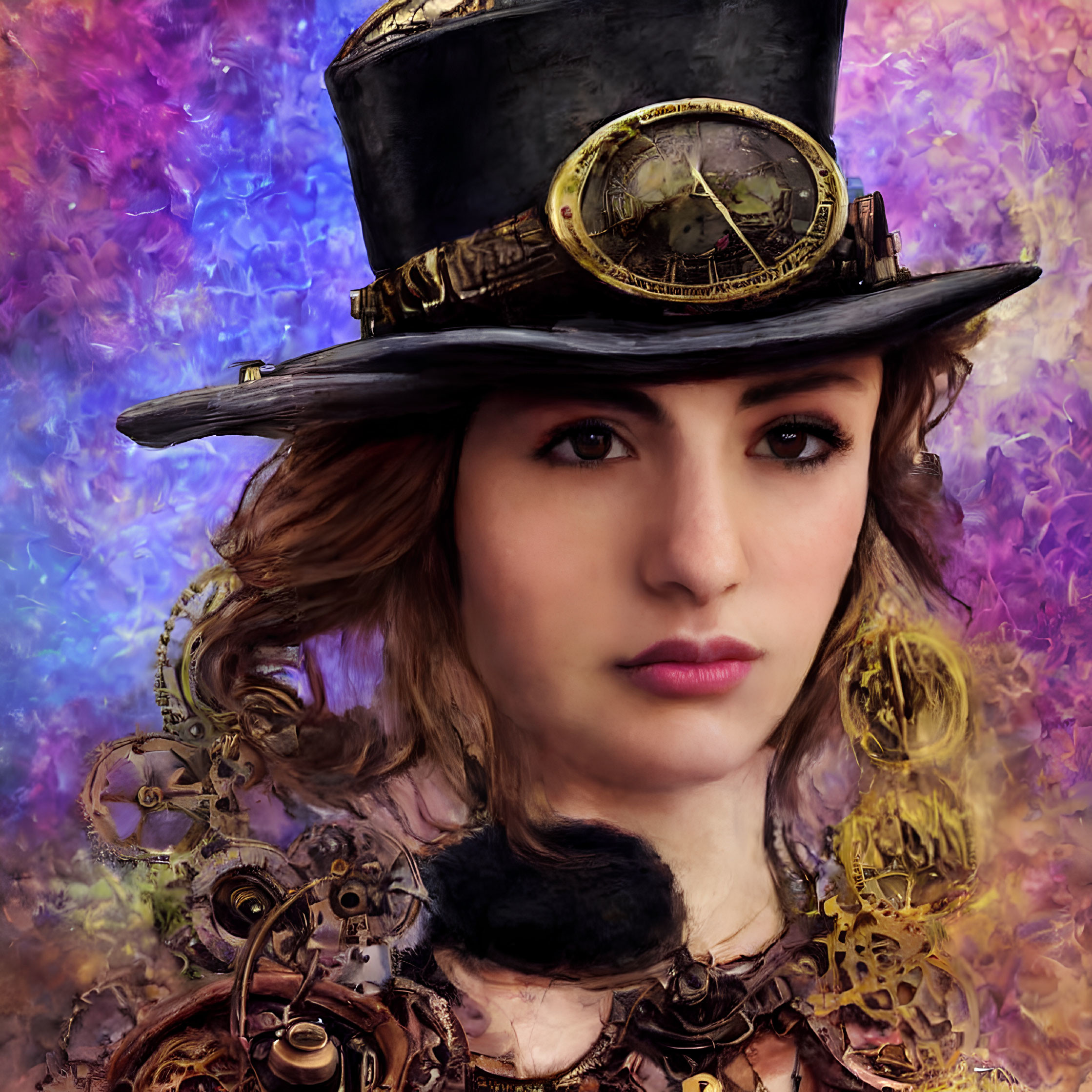 Steampunk hat woman on colorful textured background