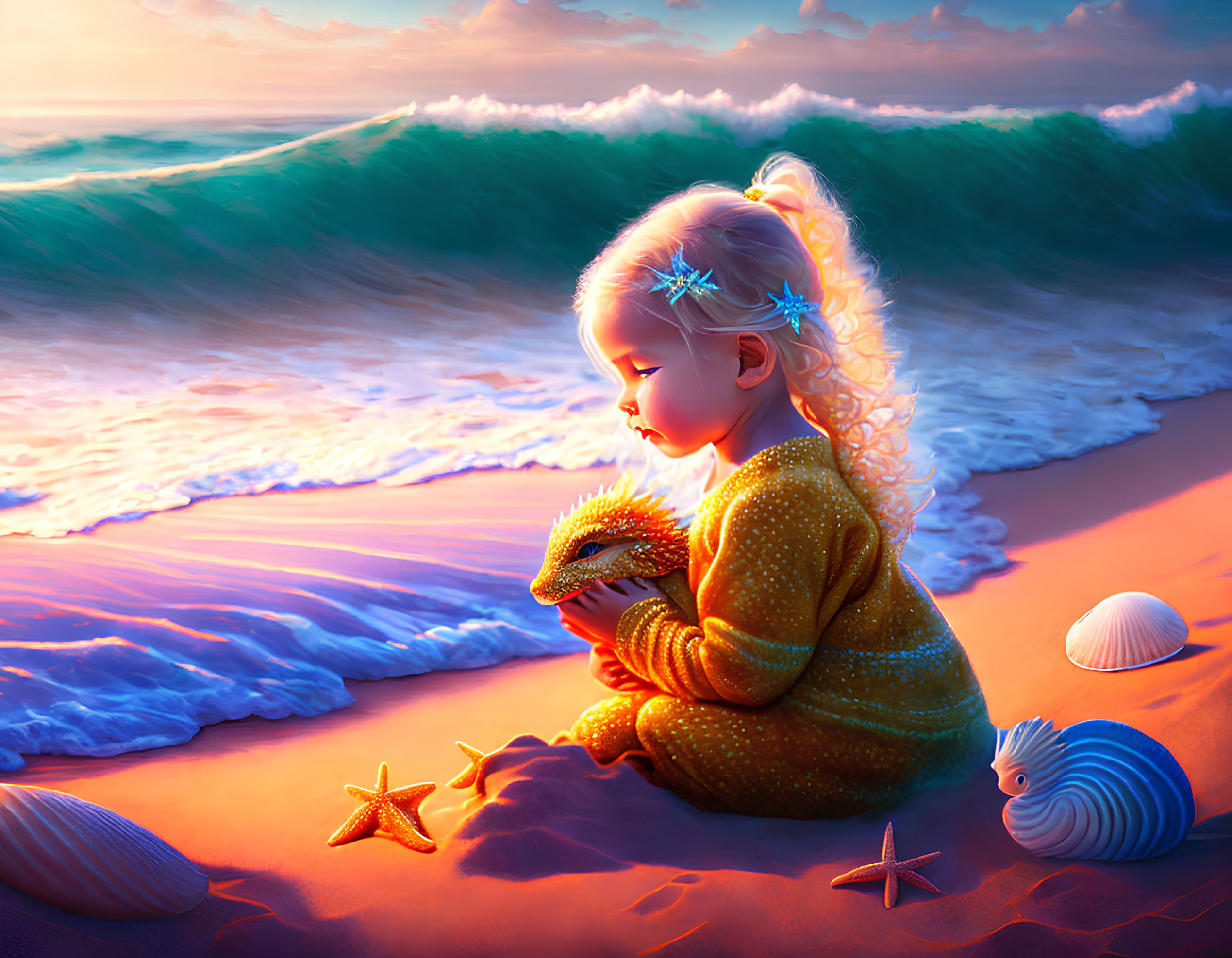 Young girl in cozy sweater holding hedgehog on beach at sunset with starfish, seashells,