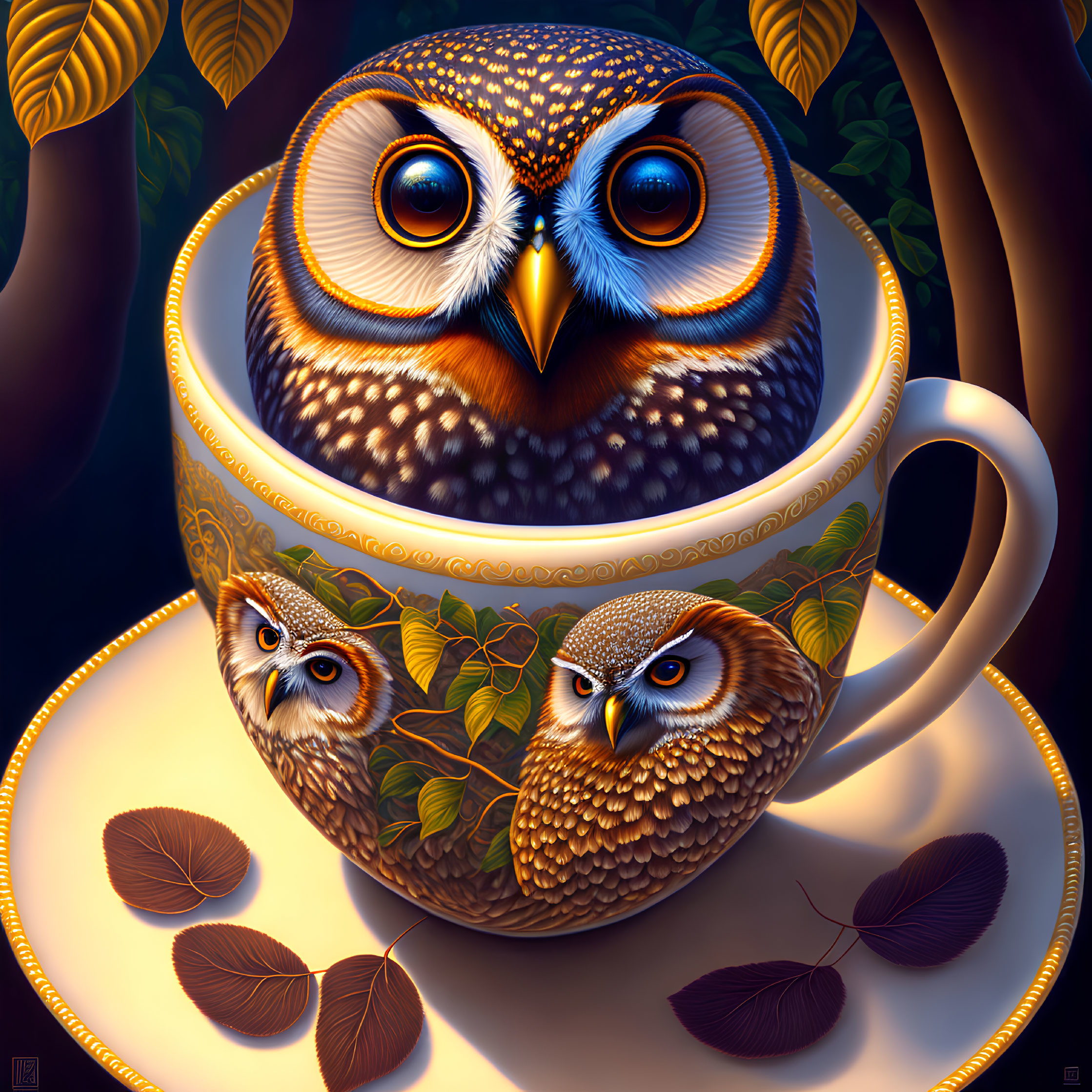 Illustration of owl with expressive eyes in teacup surrounded by leaves