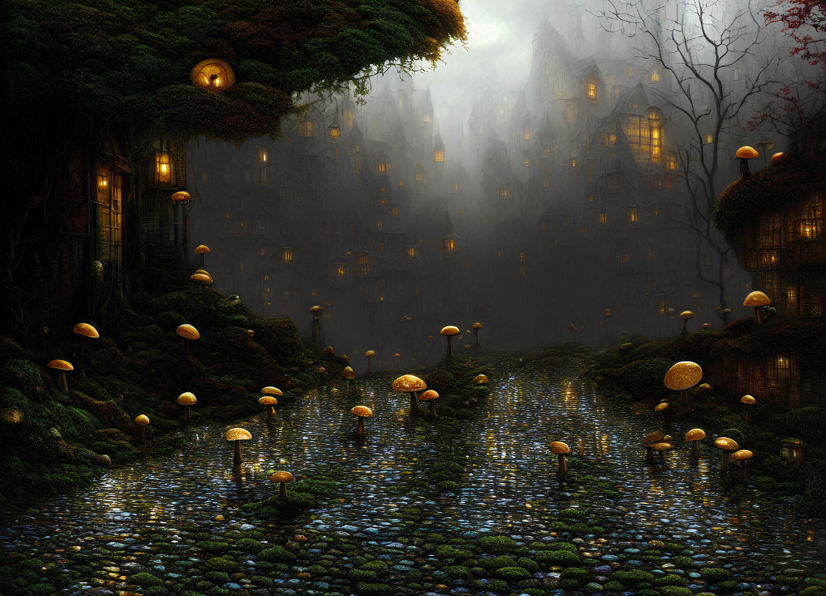 Enchanting forest scene with bioluminescent mushrooms, tree houses, and gothic buildings