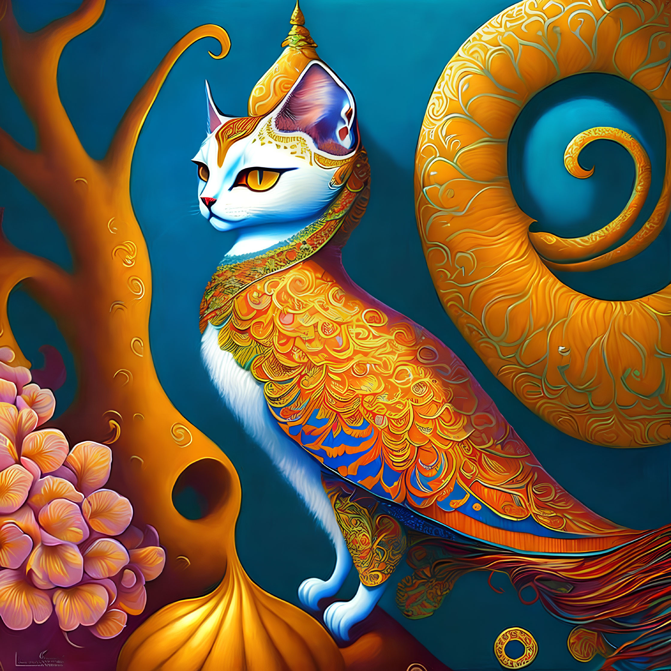 Colorful Stylized Regal Cat Illustration on Blue Background