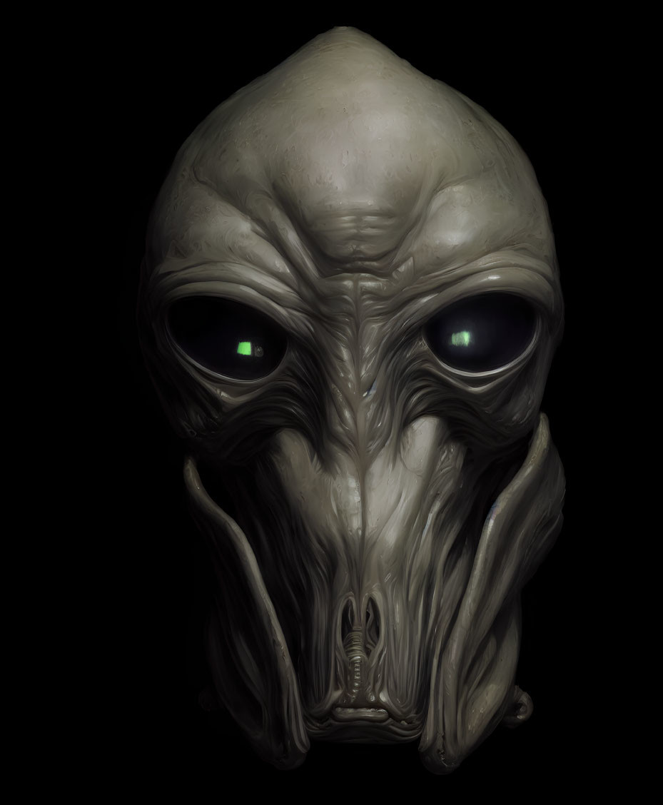 Detailed Illustration of Stereotypical Alien Head: Large Black Eyes, Slit Mouth, Gray Skin