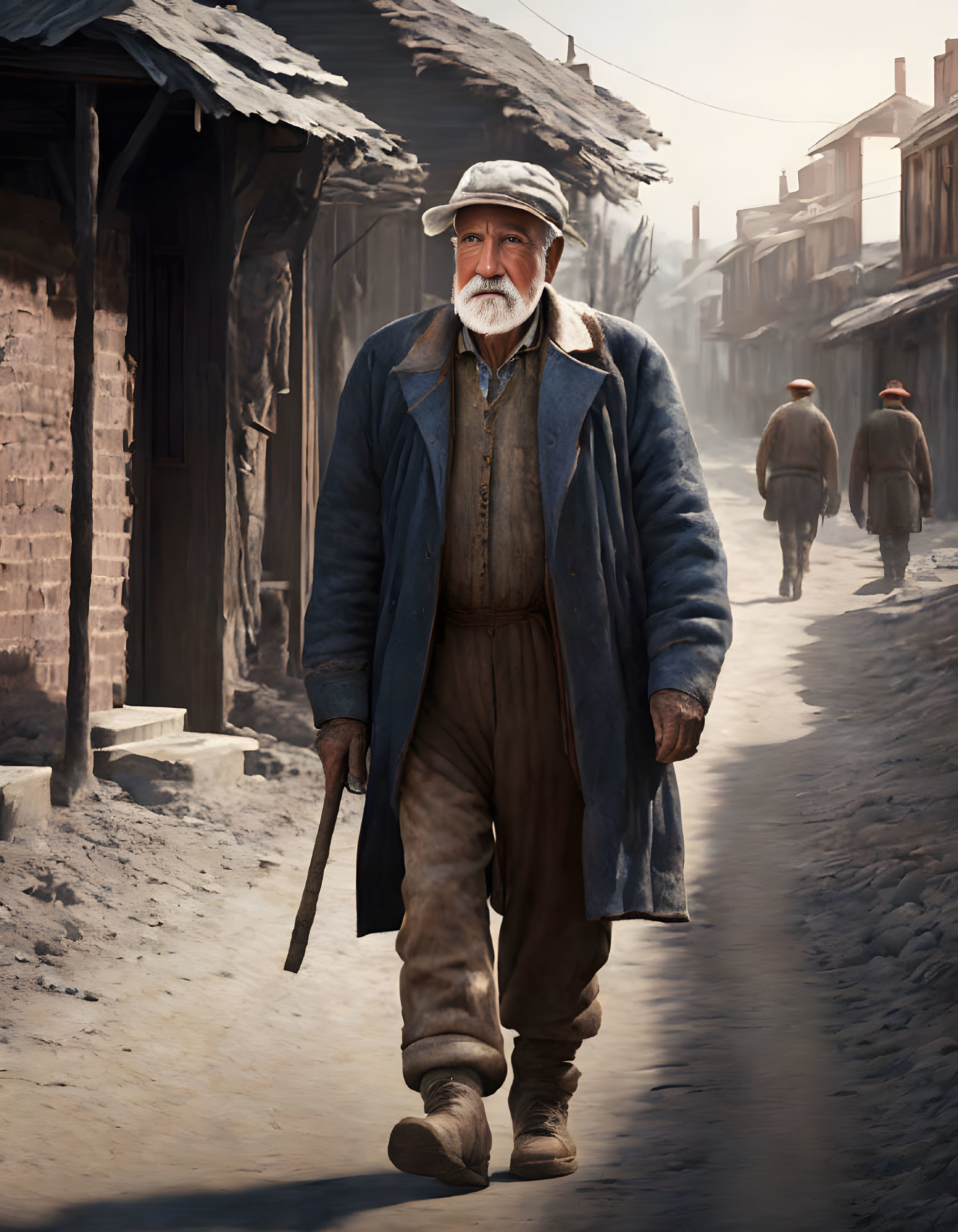 Elderly gentleman in flat cap and overcoat on dusty street