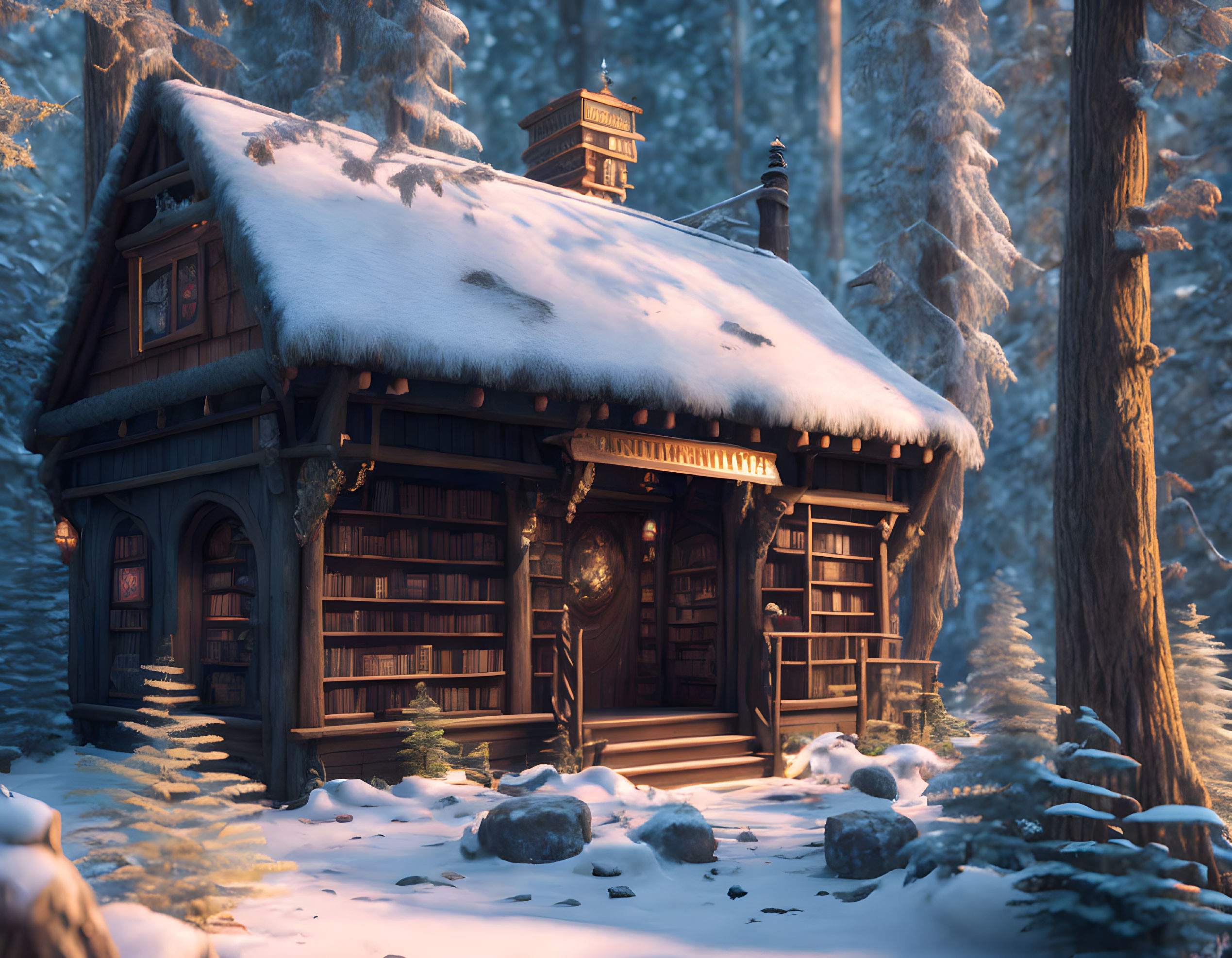 Magic book store in the forest in winter