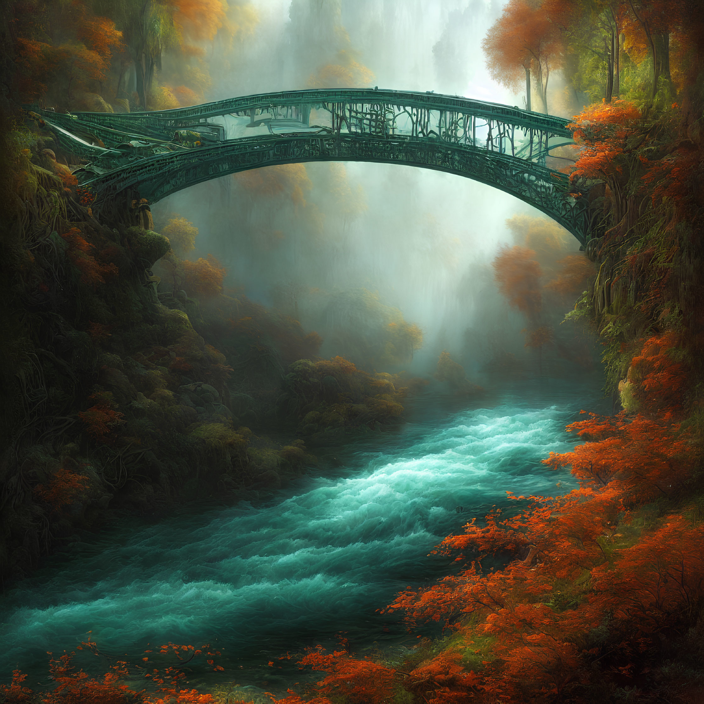 Enchanting forest scene with misty river and vintage green arched bridge