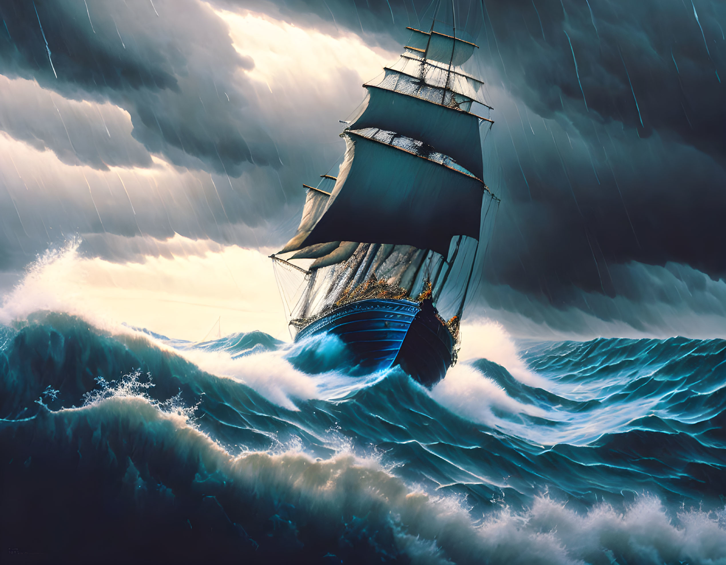  A huge old sailing ship in the stormy sea
