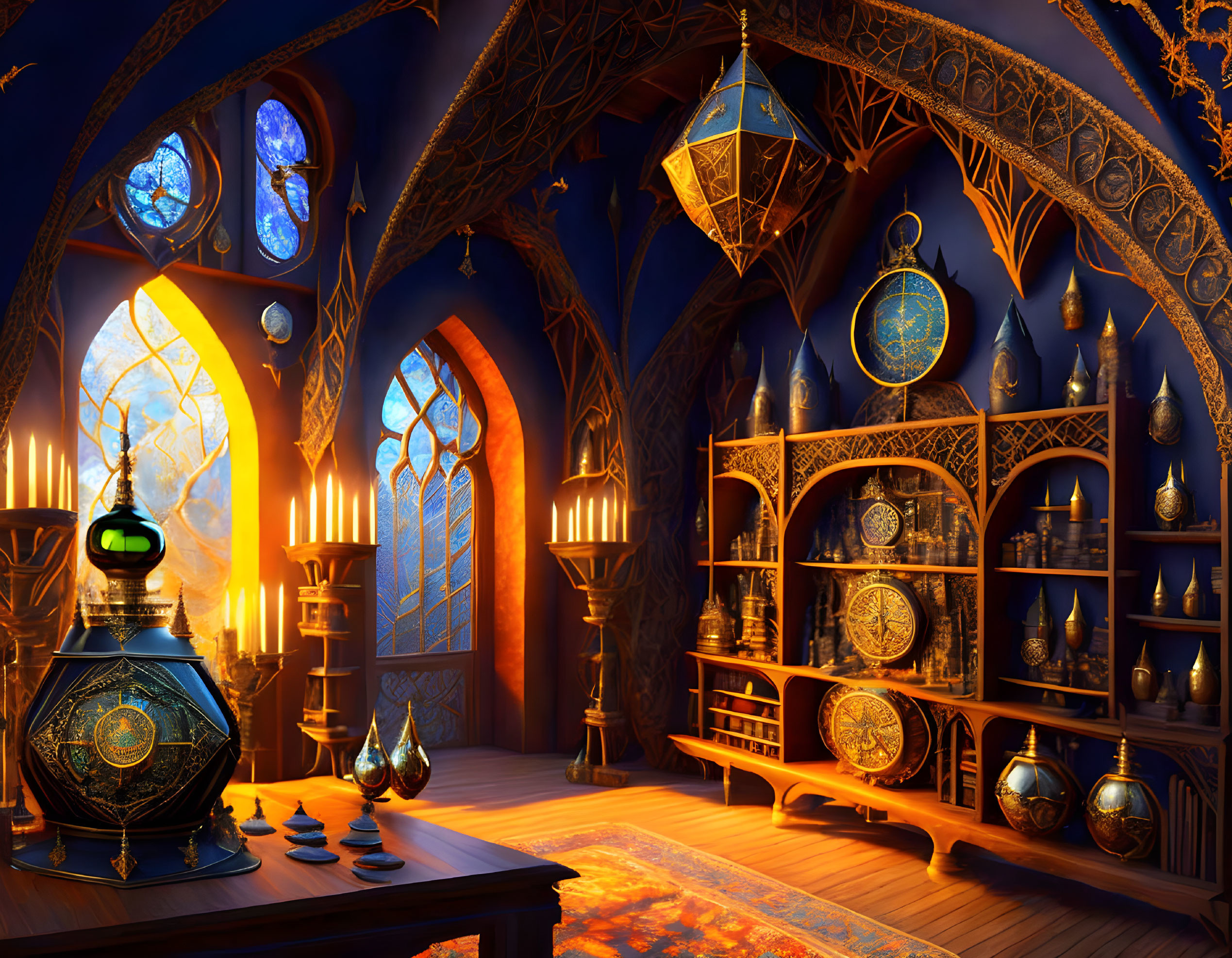 Fantasy-style interior with ornate windows, pottery shelves, and intricate lamp