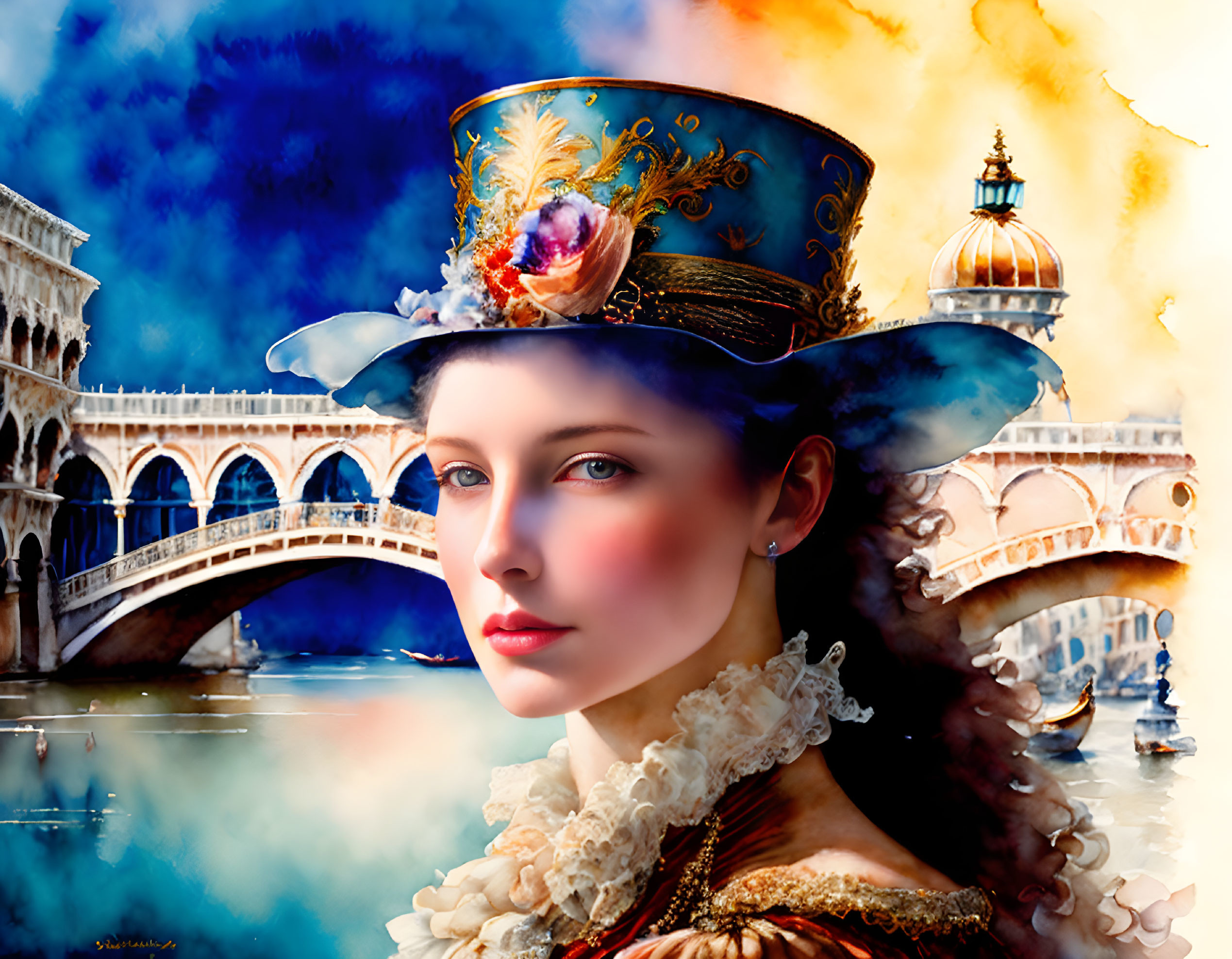 Vibrant digital artwork of woman in decorative hat with Venetian canal scene