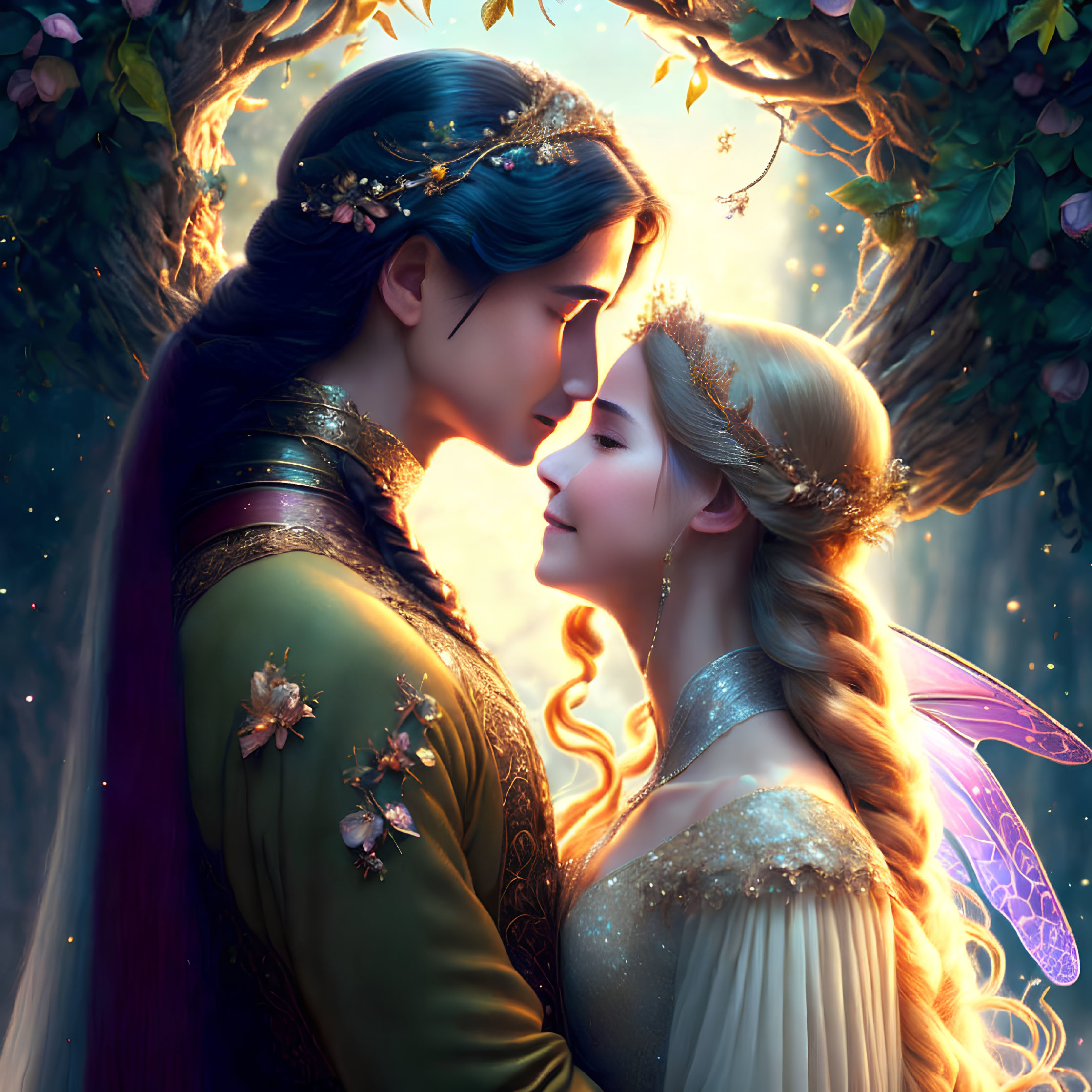 Fantasy digital illustration of two characters kissing under floral arch