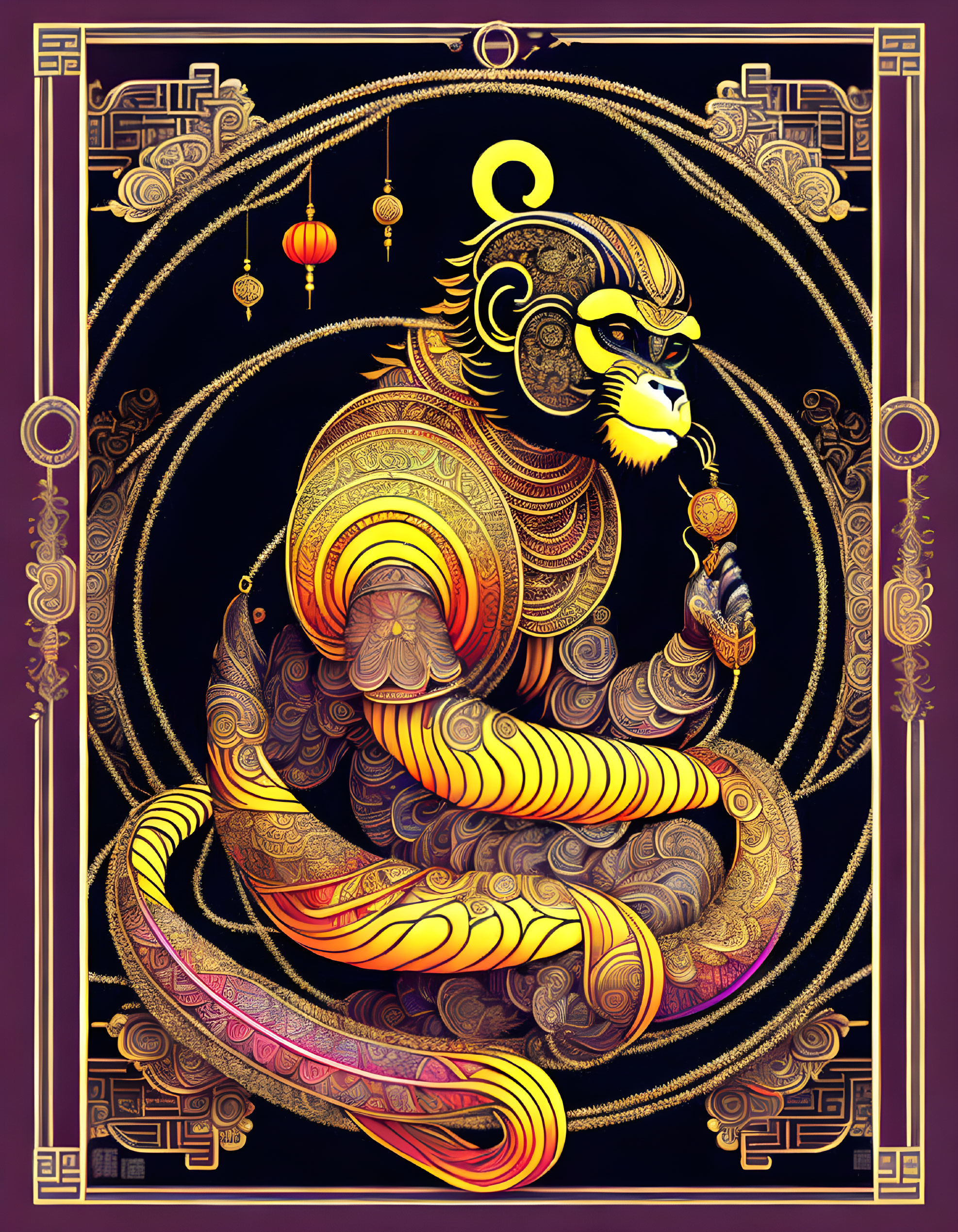 Mythical monkey creature illustration with golden and purple tones and traditional motifs