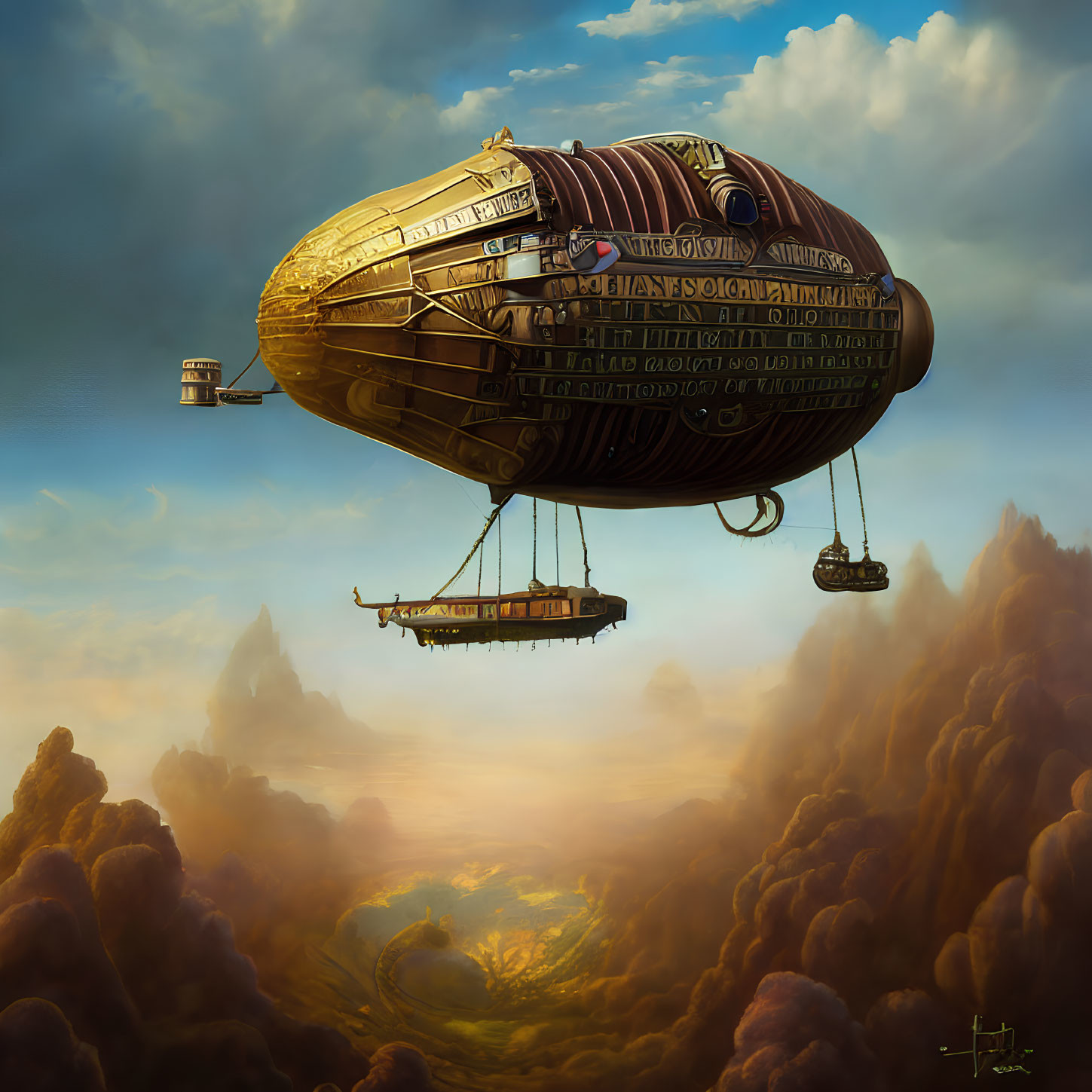 Detailed steampunk airship floating above cloud-filled landscape