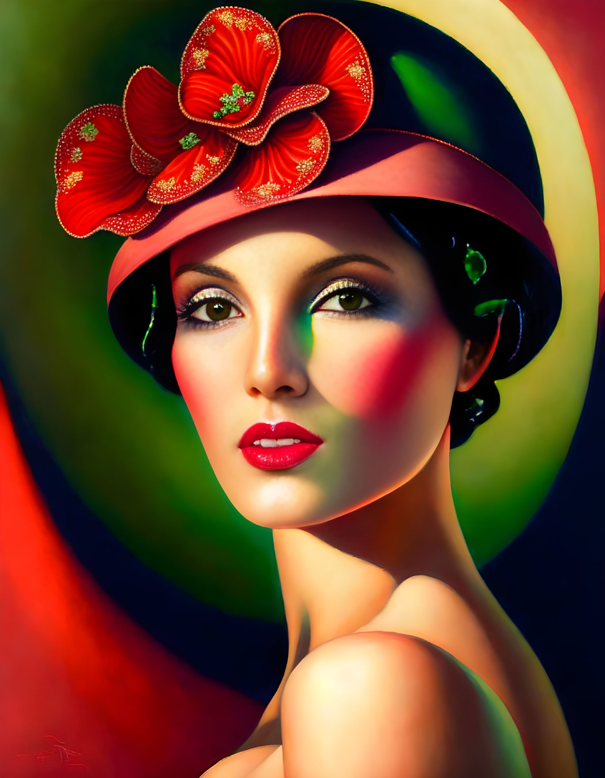 Colorful portrait of woman in red floral hat with halo background.