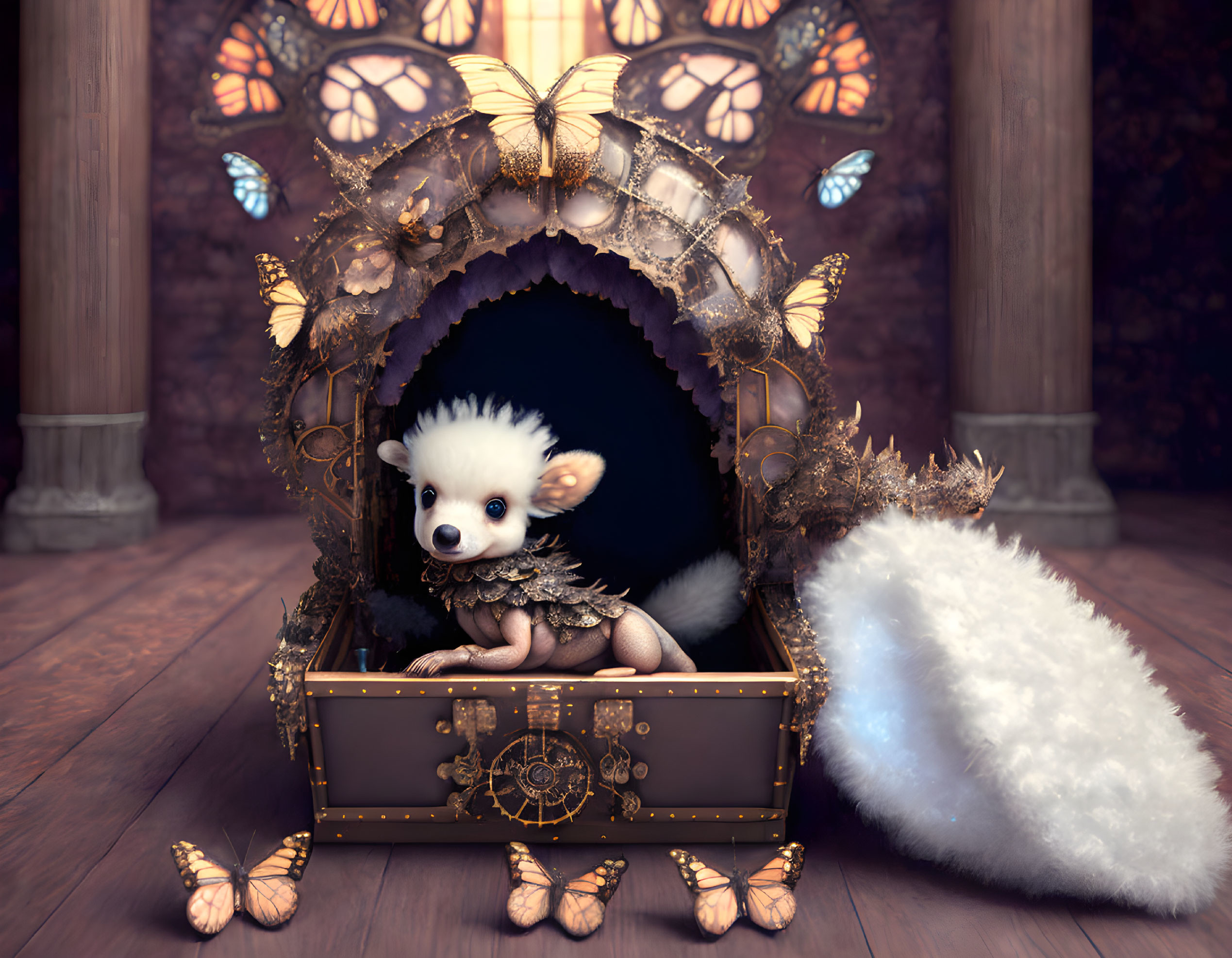 Whimsical digital illustration of fluffy creature in golden treasure chest