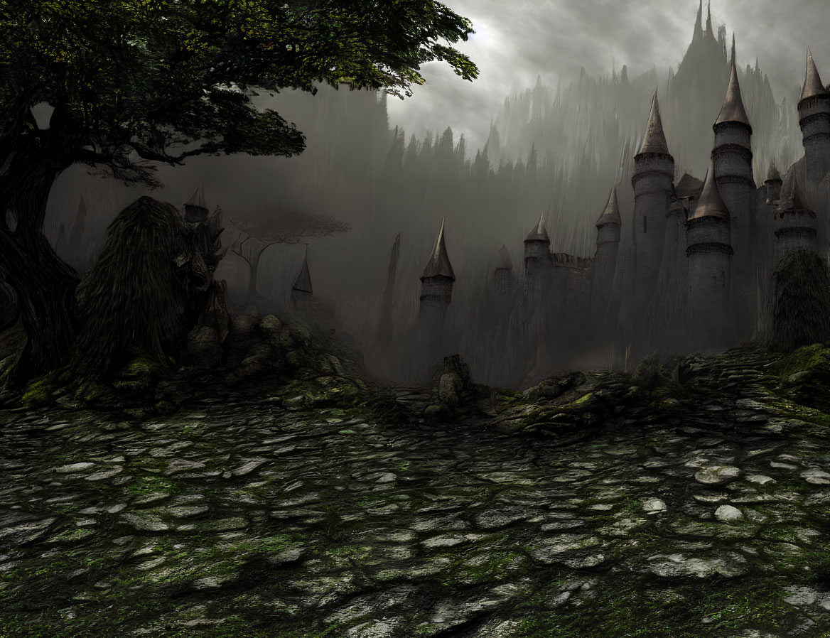 Mysterious mist-covered fantasy castle with cobblestone path and gnarled tree