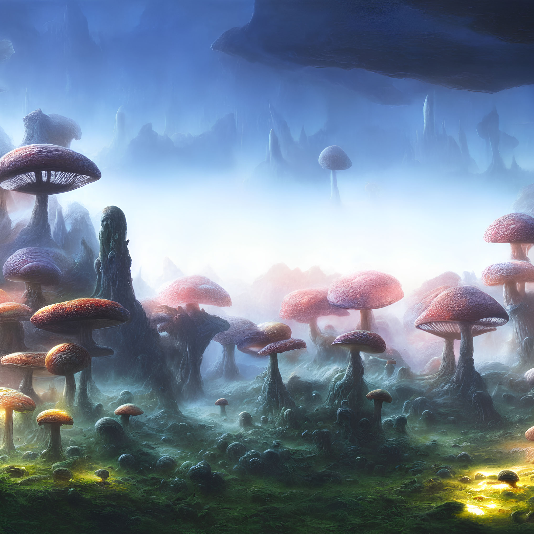 Mystical forest with oversized bioluminescent mushrooms in blue light