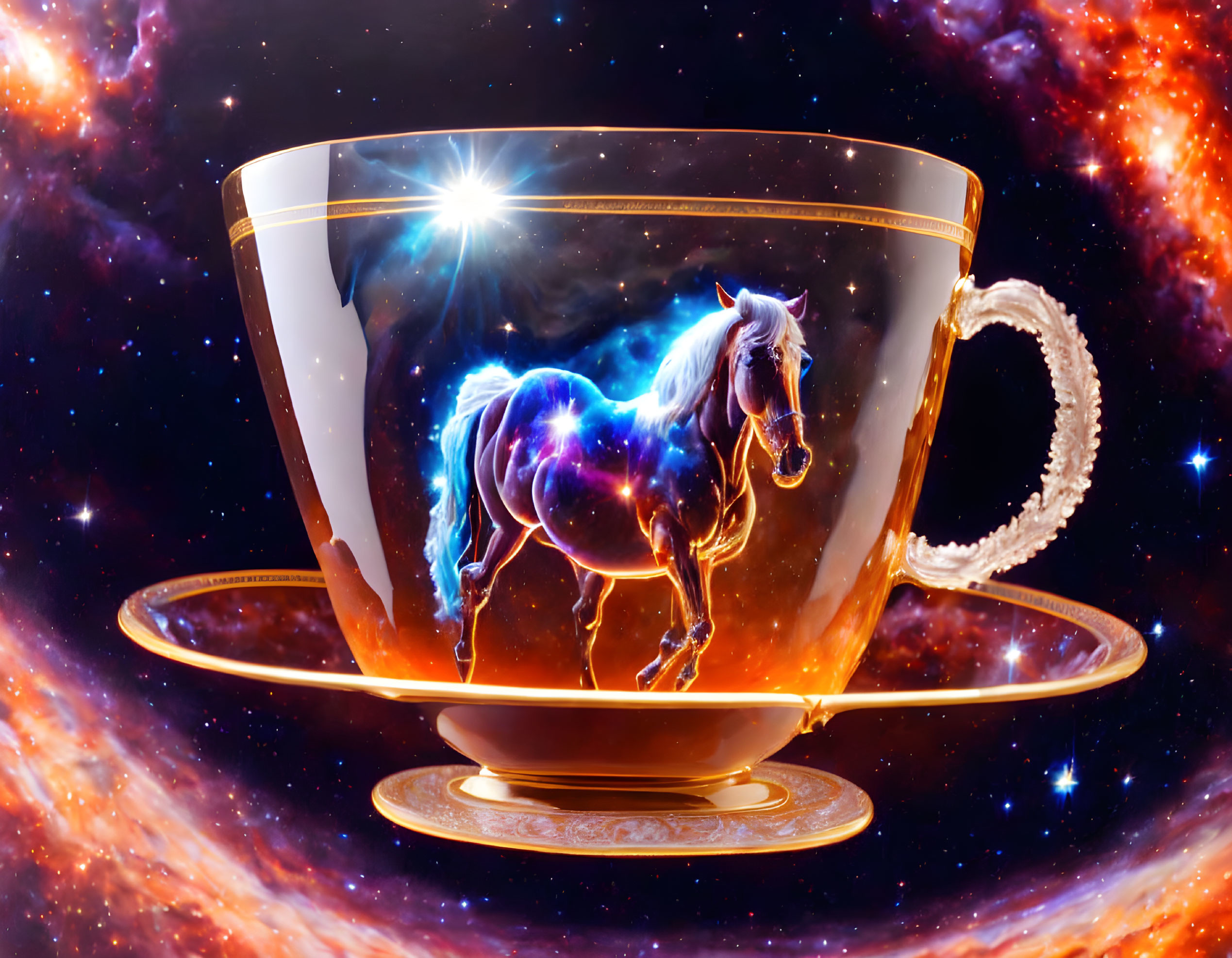 Cosmic-themed teacup and saucer with nebula and galaxy horse design