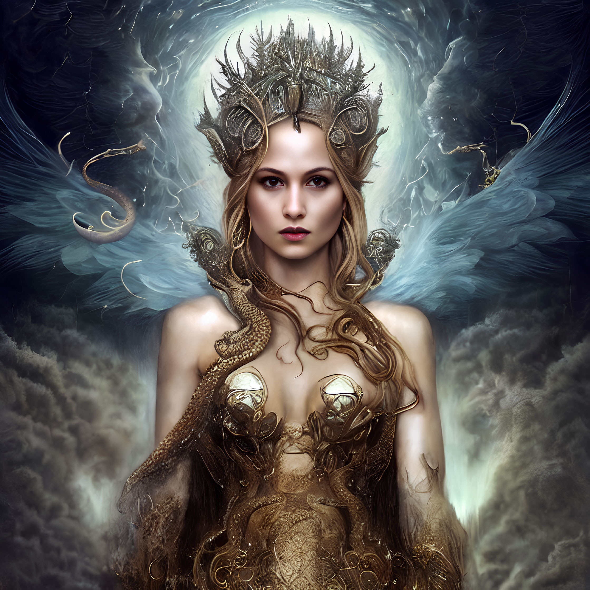 Regal woman with branch crown and serpents in golden attire on mystical blue backdrop