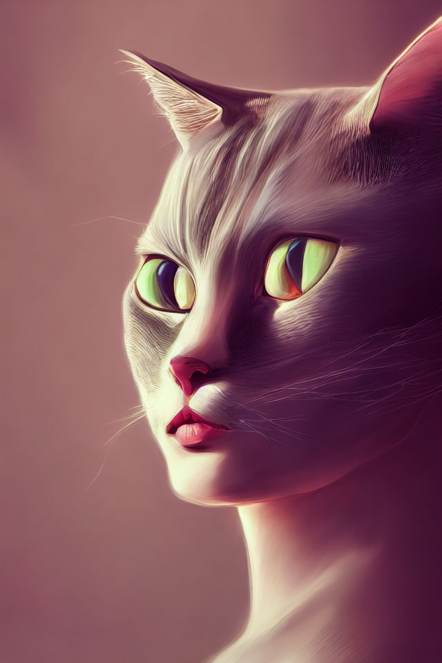 Stylized cat with human-like features and green eyes in digital art