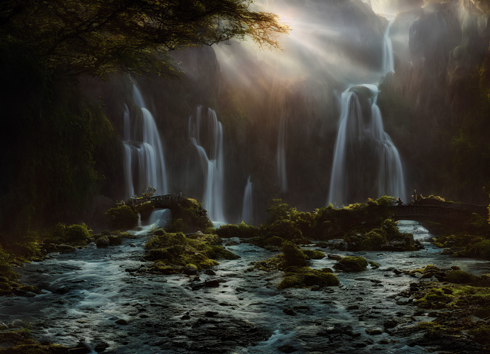 Serene waterfall with cascades, golden light, river, footbridge