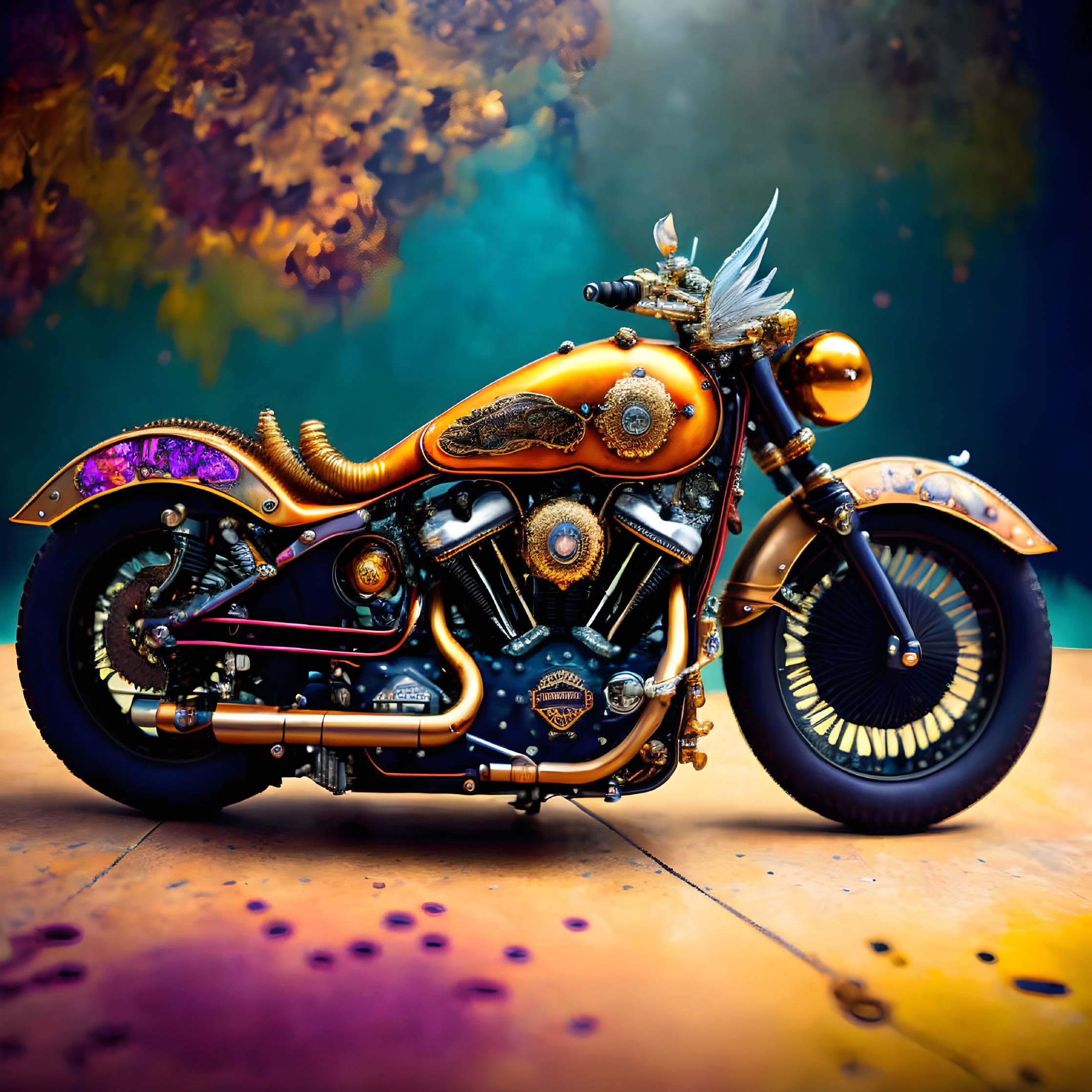 Colorful Custom Motorcycle with Violet and Gold Designs on Autumn Background