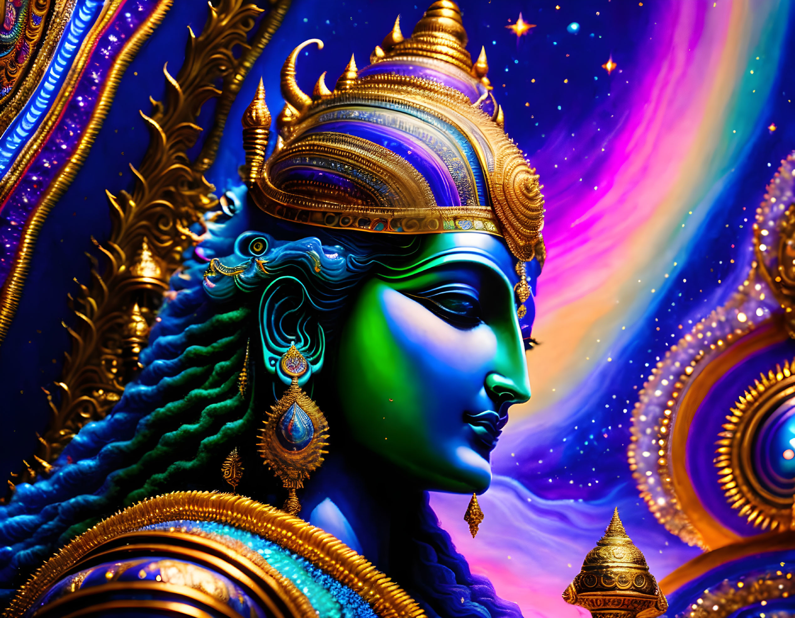 Colorful Hindu Deity Artwork with Blue Skin and Cosmic Background