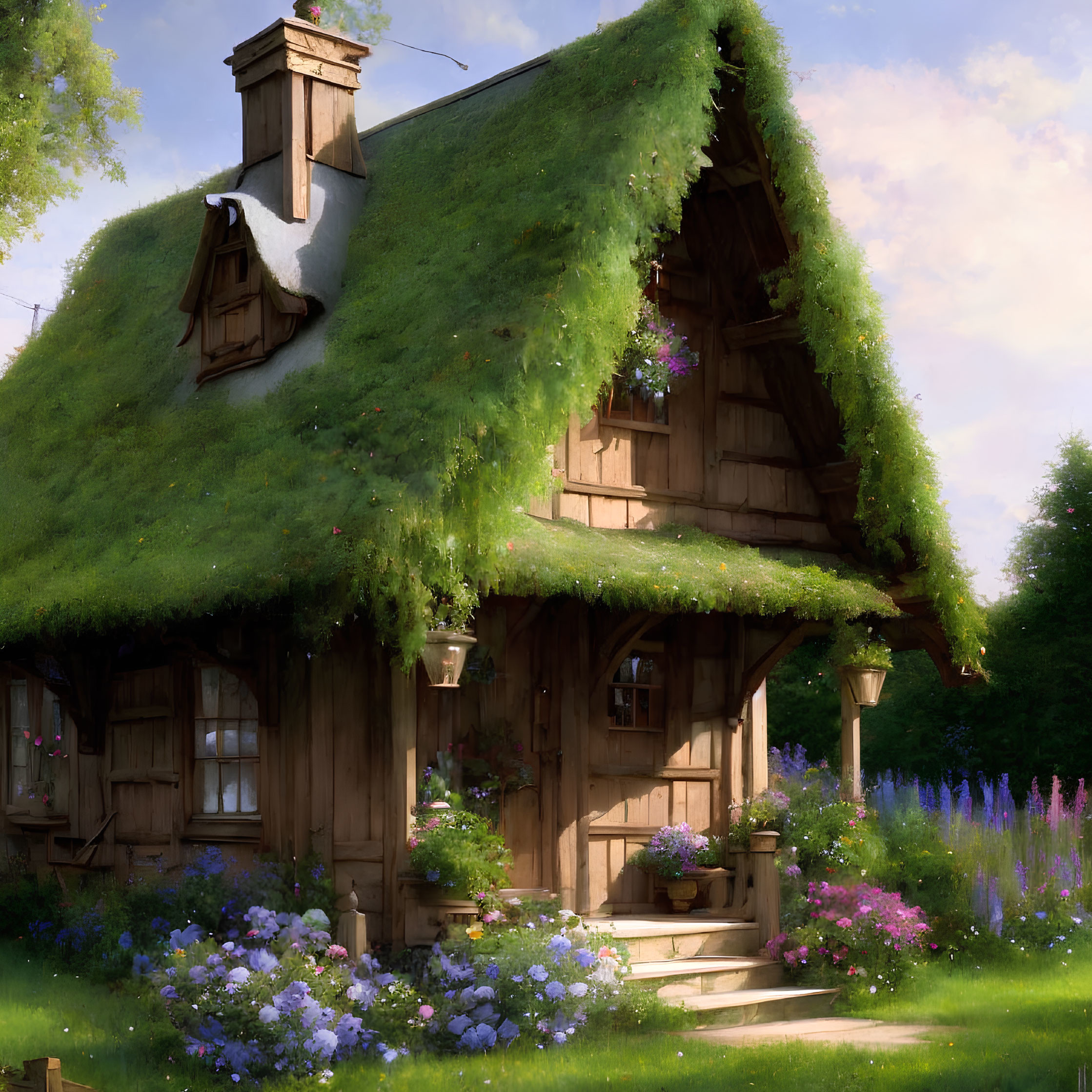 Thatched Roof Cottage Surrounded by Greenery and Flowers