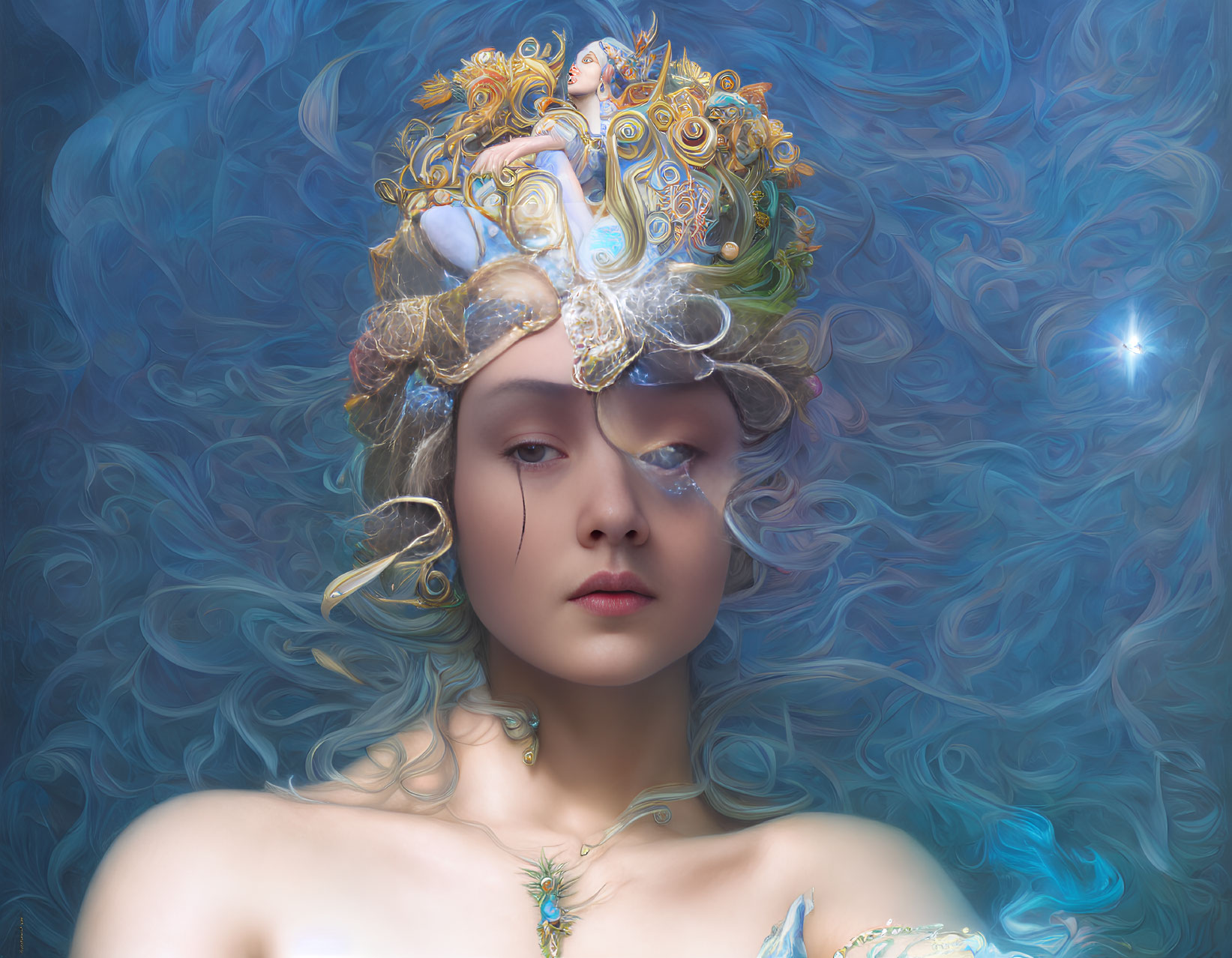 Woman adorned with ornate headpiece and intricate jewelry on swirling blue background
