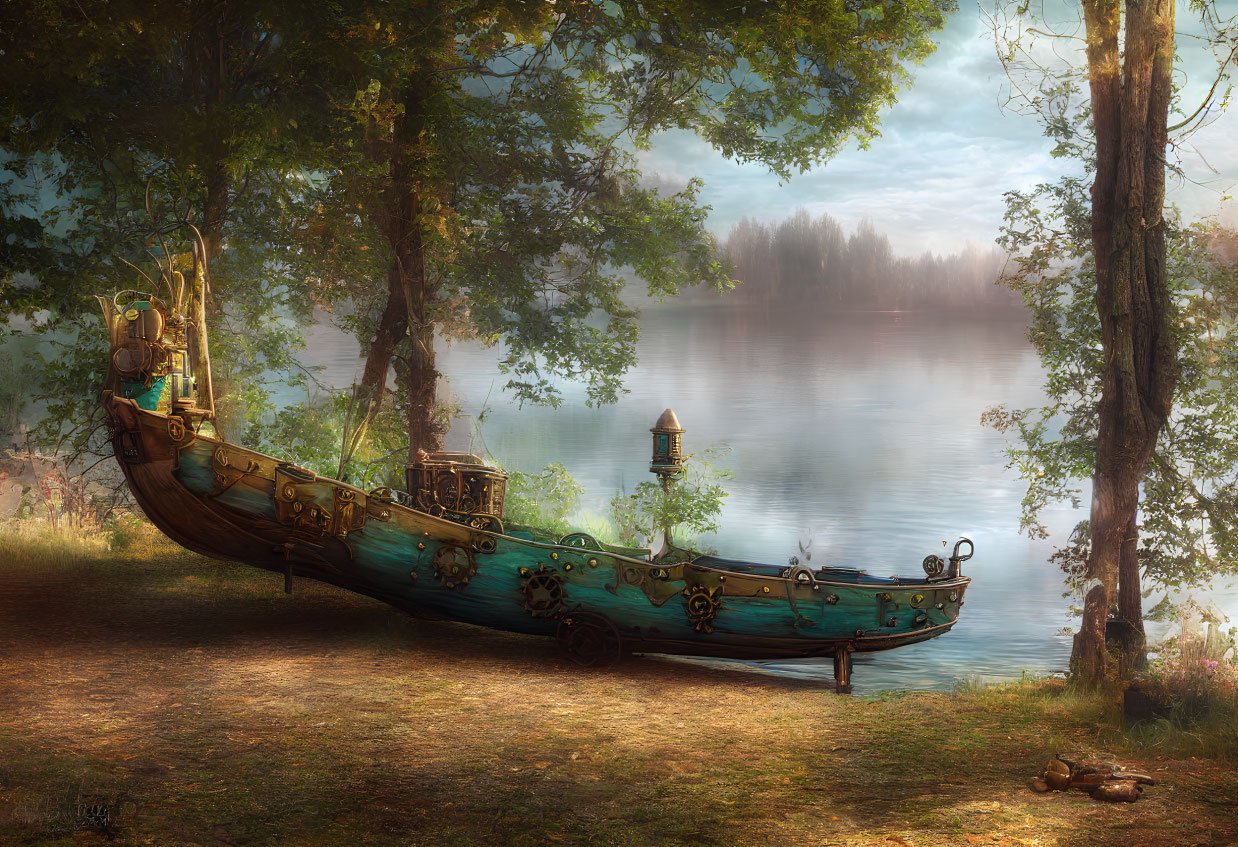 Antique ornate boat by tranquil lake with sunlight filtering through mist