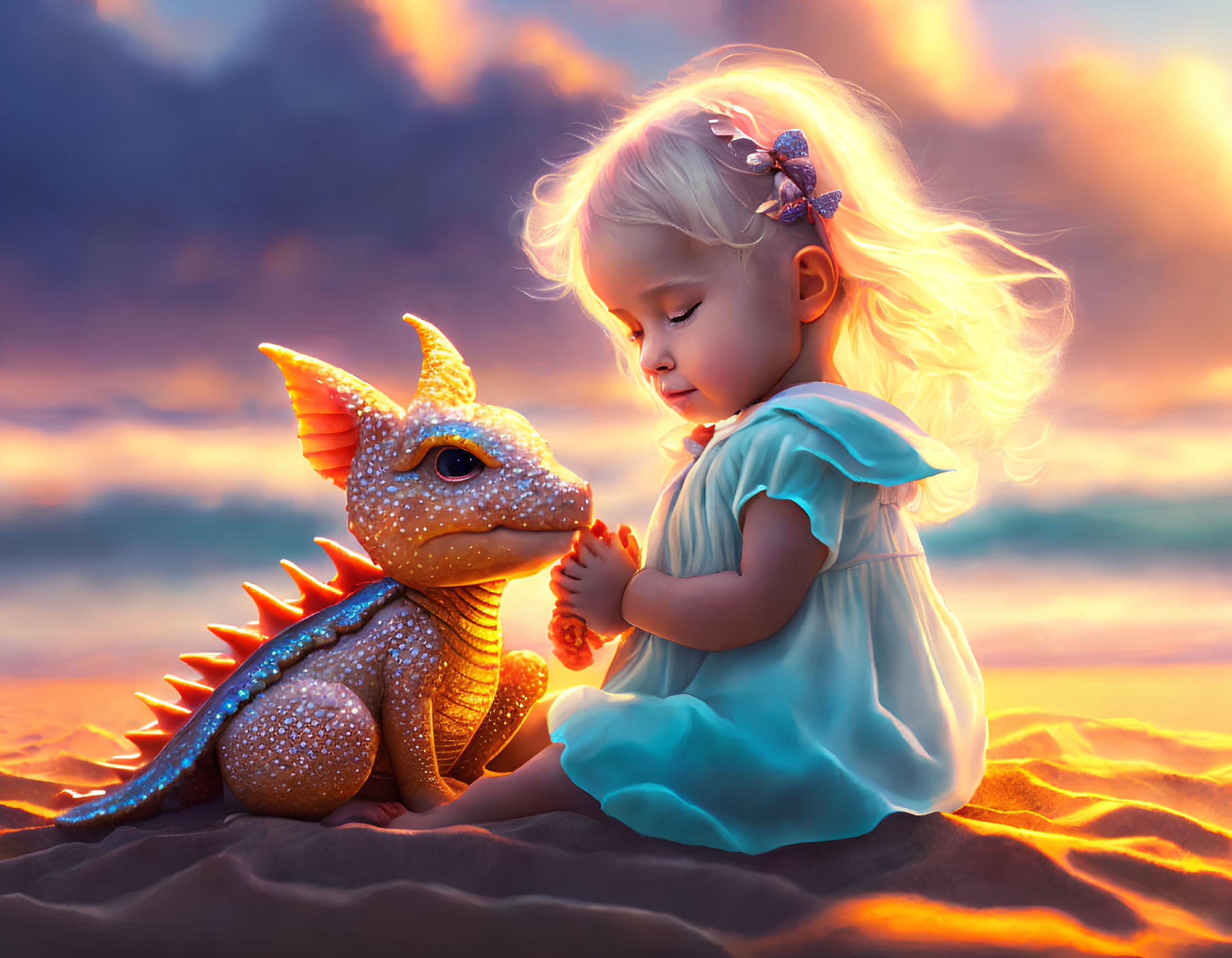 Young girl in blue dress with orange dragon on sandy beach at sunset