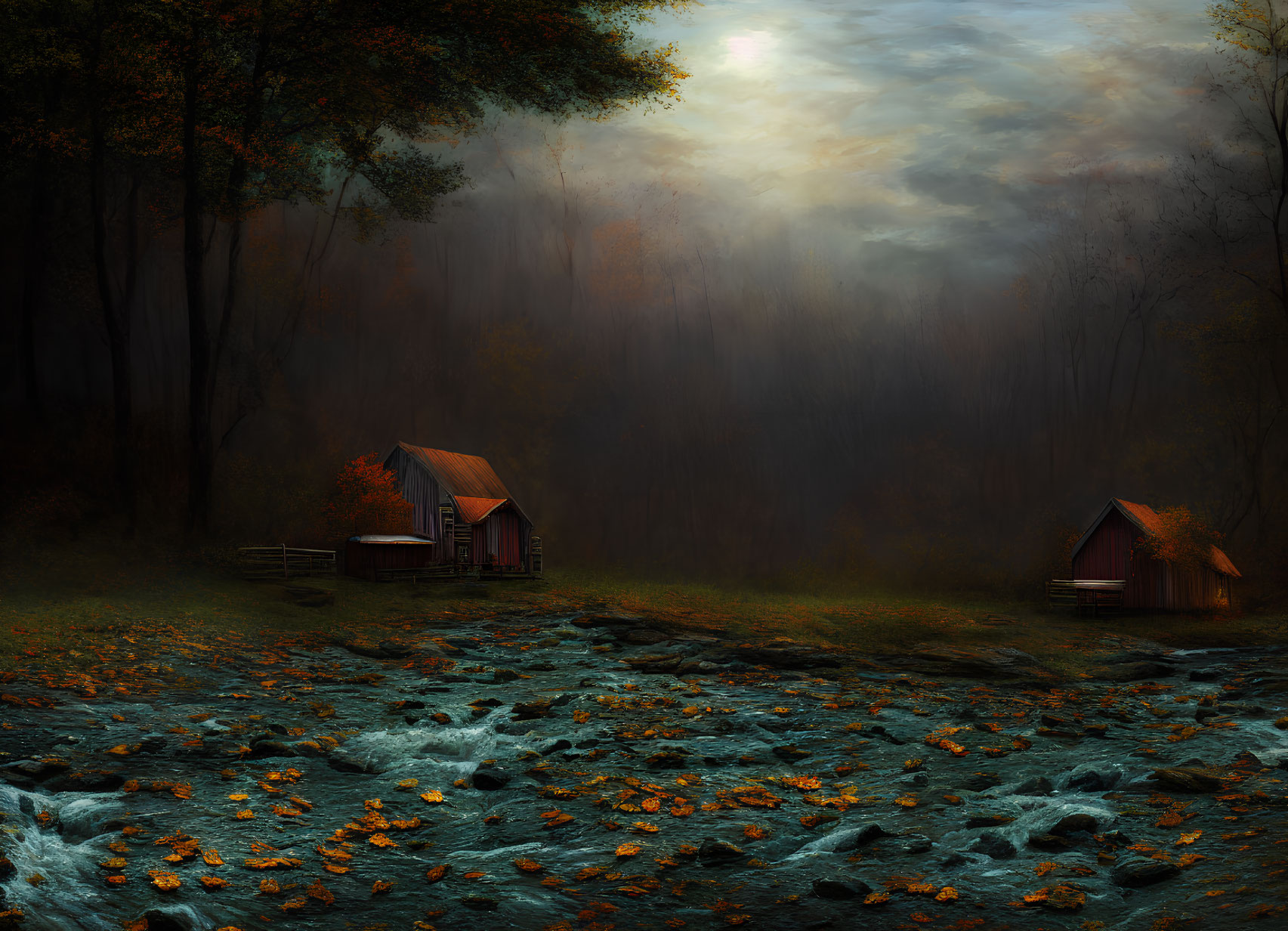 Rustic cabins by misty stream in autumn forest
