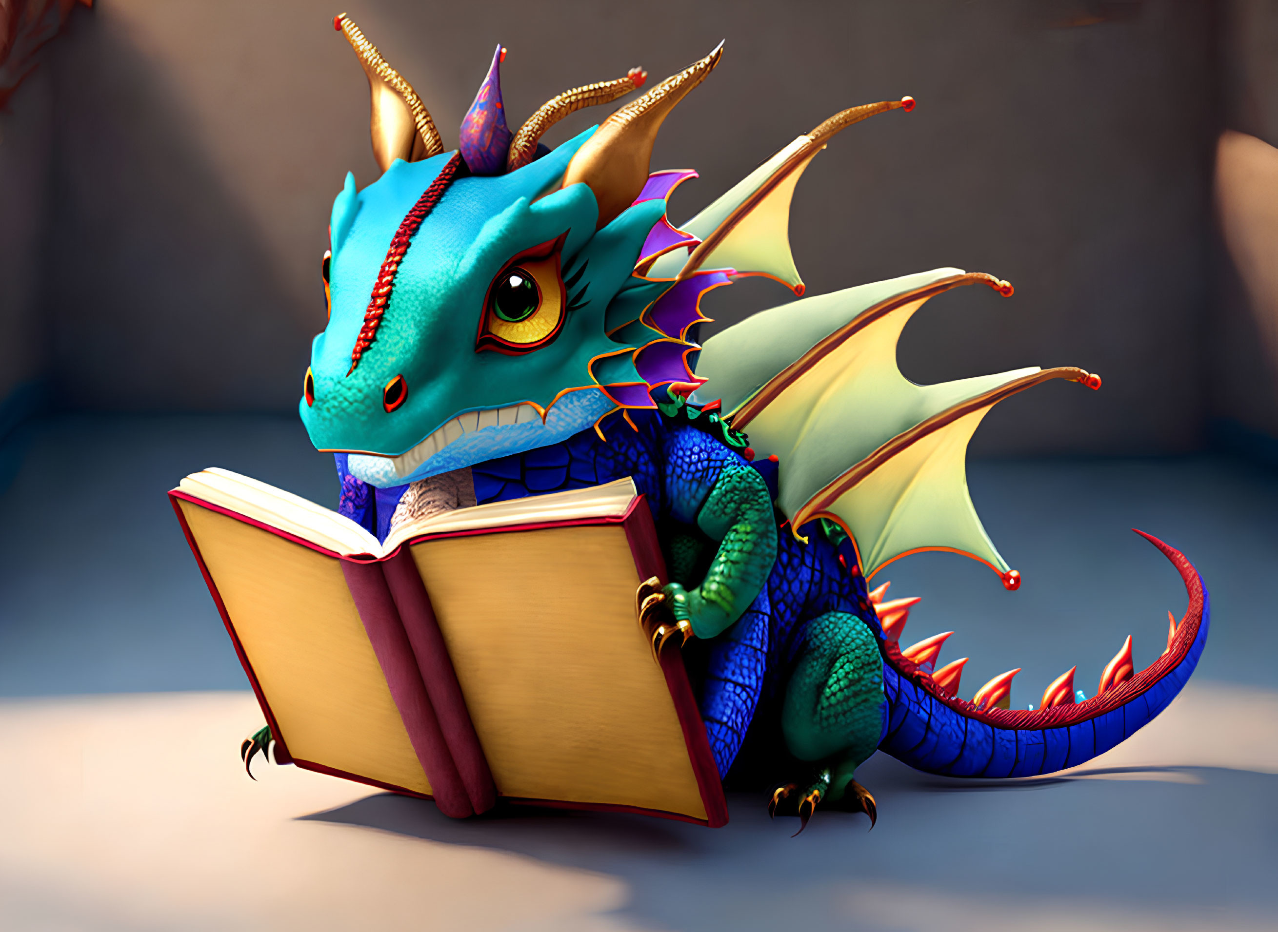 Colorful Animated Dragon Reading Large Open Book Intently